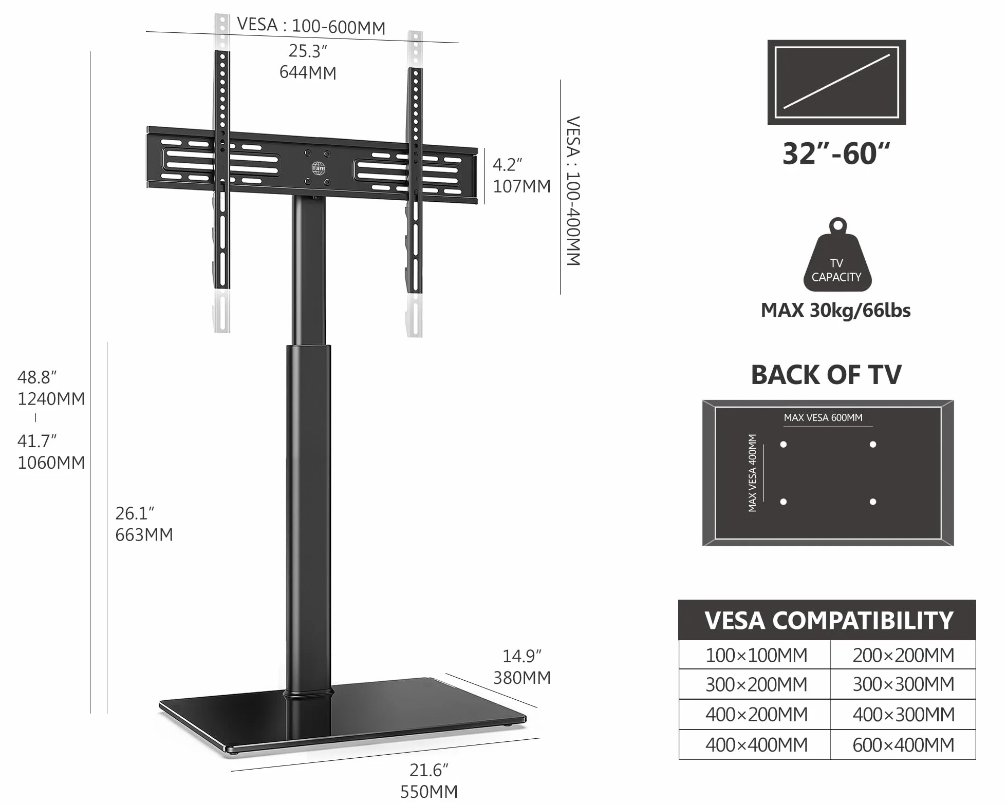 FITUEYES Supporto TV da Pavimento per Schermi da 32-60 Pollici, Porta TV da Terra Regolabile in Altezza, Portata Max 30 kg, VESA Max. 600 x 400 mm, Nero