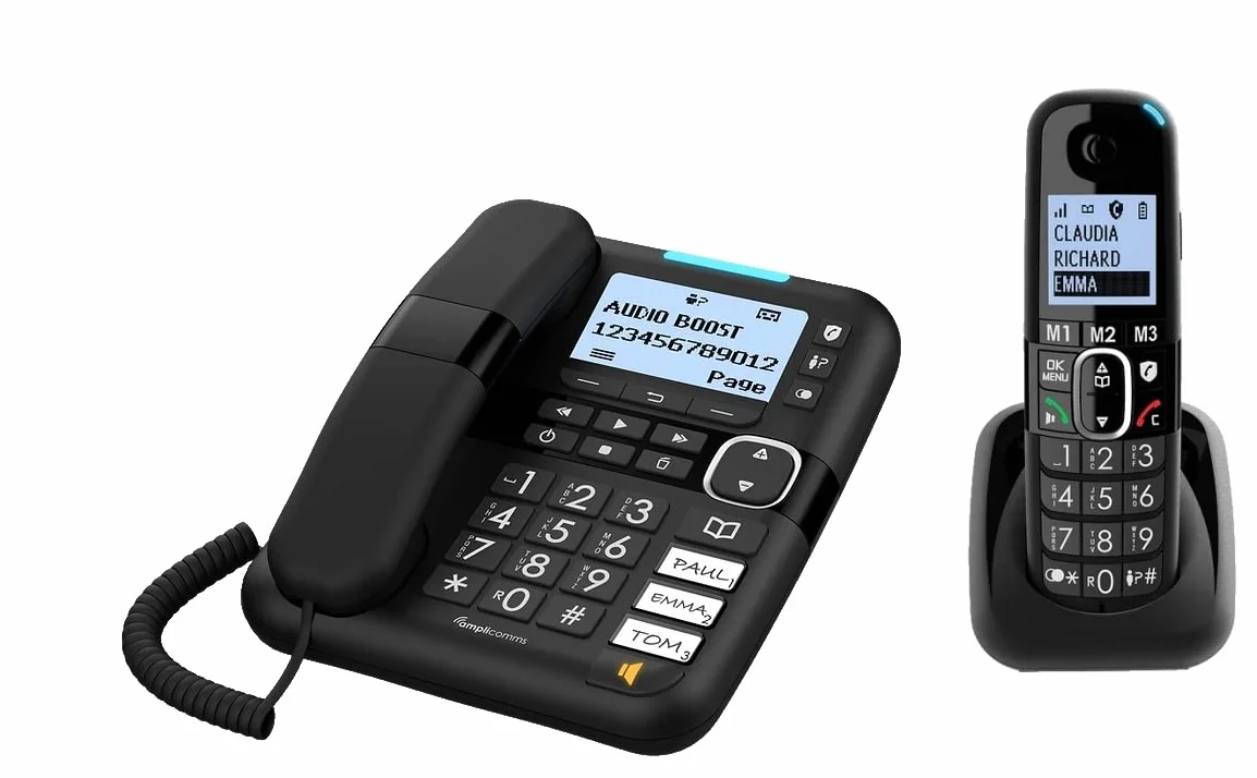 Amplicomms per Delta Telefono Combo Fisso + Cordless Amplificati Suoneria 90dB Audio 35dB Segreteria Telefonica Call Blocker Black List Blocco Chiamate Indesiderate Tasti Display XL Vivavoce