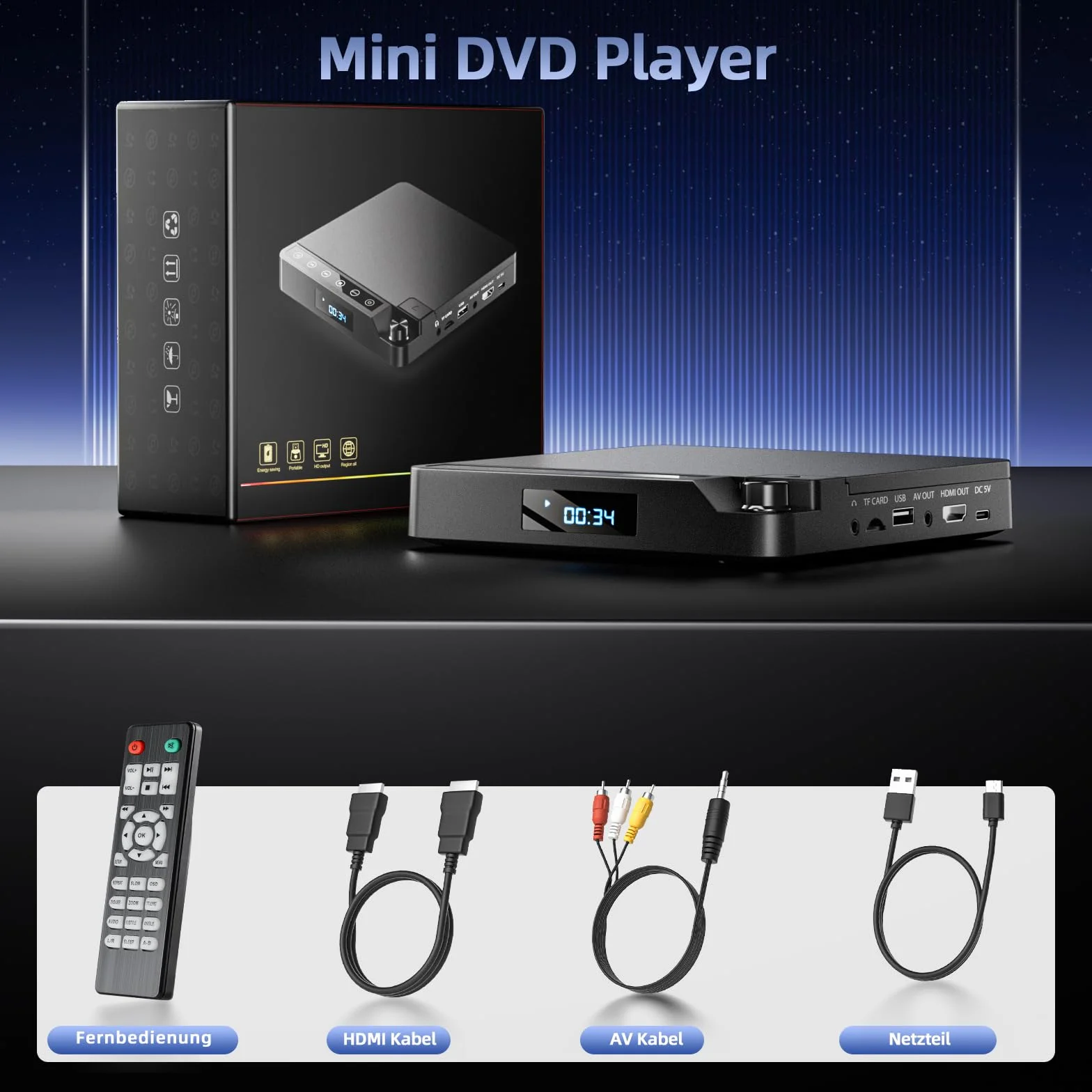 Desobry Lettore DVD per TV 1080P, Lettore DVD HDMI/AV e USB/scheda TF, Mini CD Player supporto PAL/NTSC, dotato di più cavi e telecomando, con funzione di ultima memoria - Nuovo