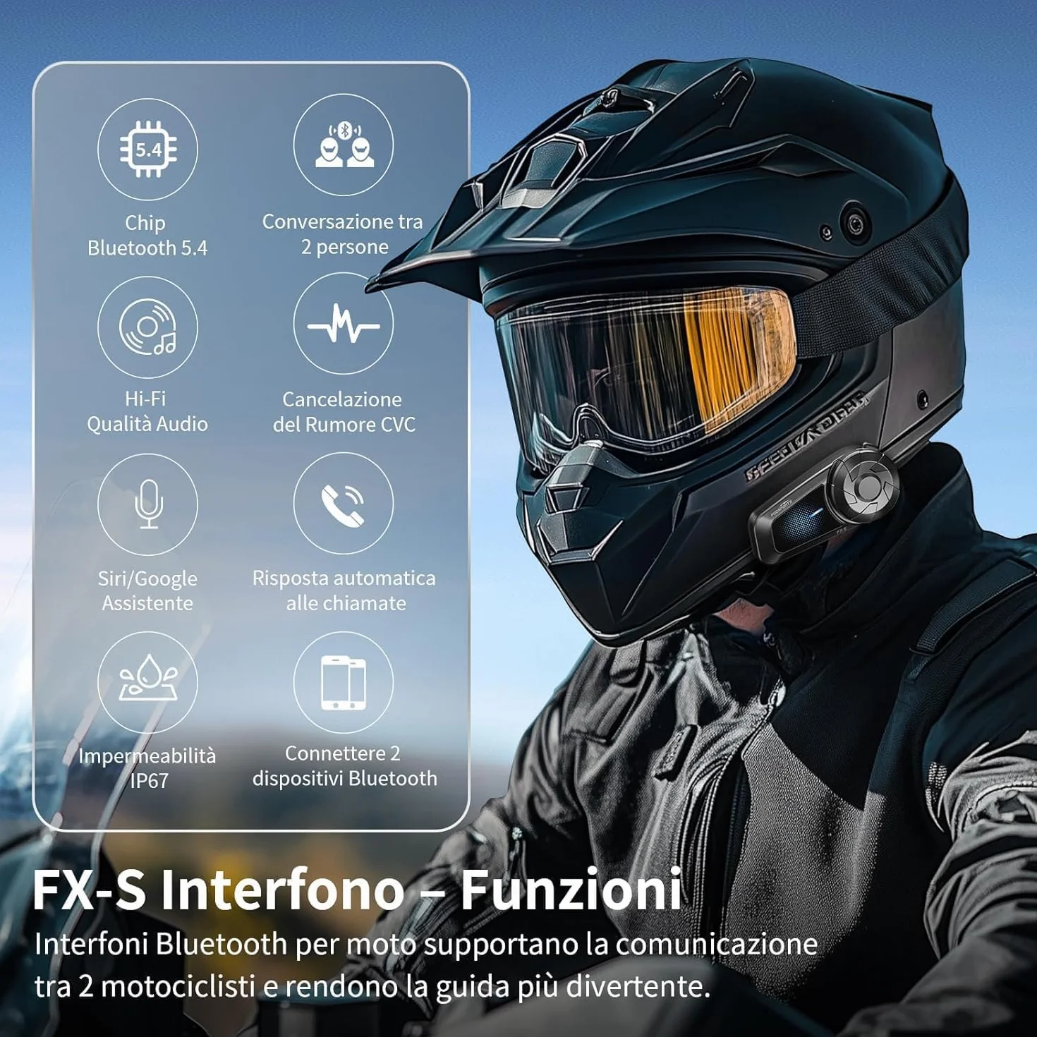 Fodsports FX-S Interfono Moto Coppia, Auricolare Casco Bluetooth 5.4 per 2 Piloti, Sistema di Comunicazione 1000m, Tripla Riduzione Rumore, Stereo HiFi, Vivavoce Musica e Chiamate, Impermeabile