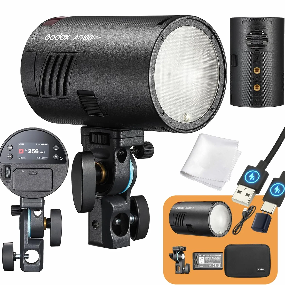 Godox AD100 Pro II Flash Tascabile 100Ws, TTL 2,4GHz, HSS 1/8000s, Zoom 28–85mm, 490 Lampi, Batteria 2850mAh, Ricarica USB-C, 16 Gruppi Colore