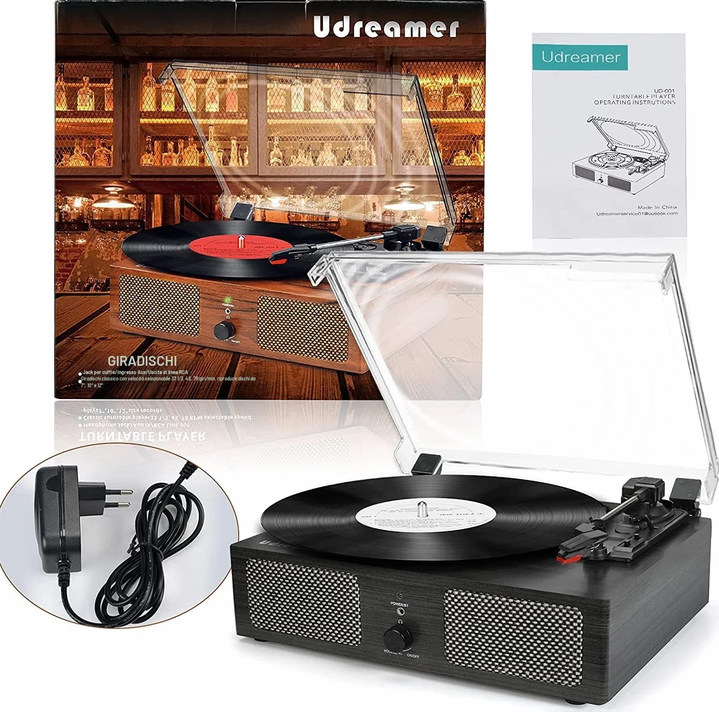 Udreamer Giradischi Bluetooth con Altoparlanti Integrati, Trasmissione a Cinghia, 3 Velocità, Legno Nero