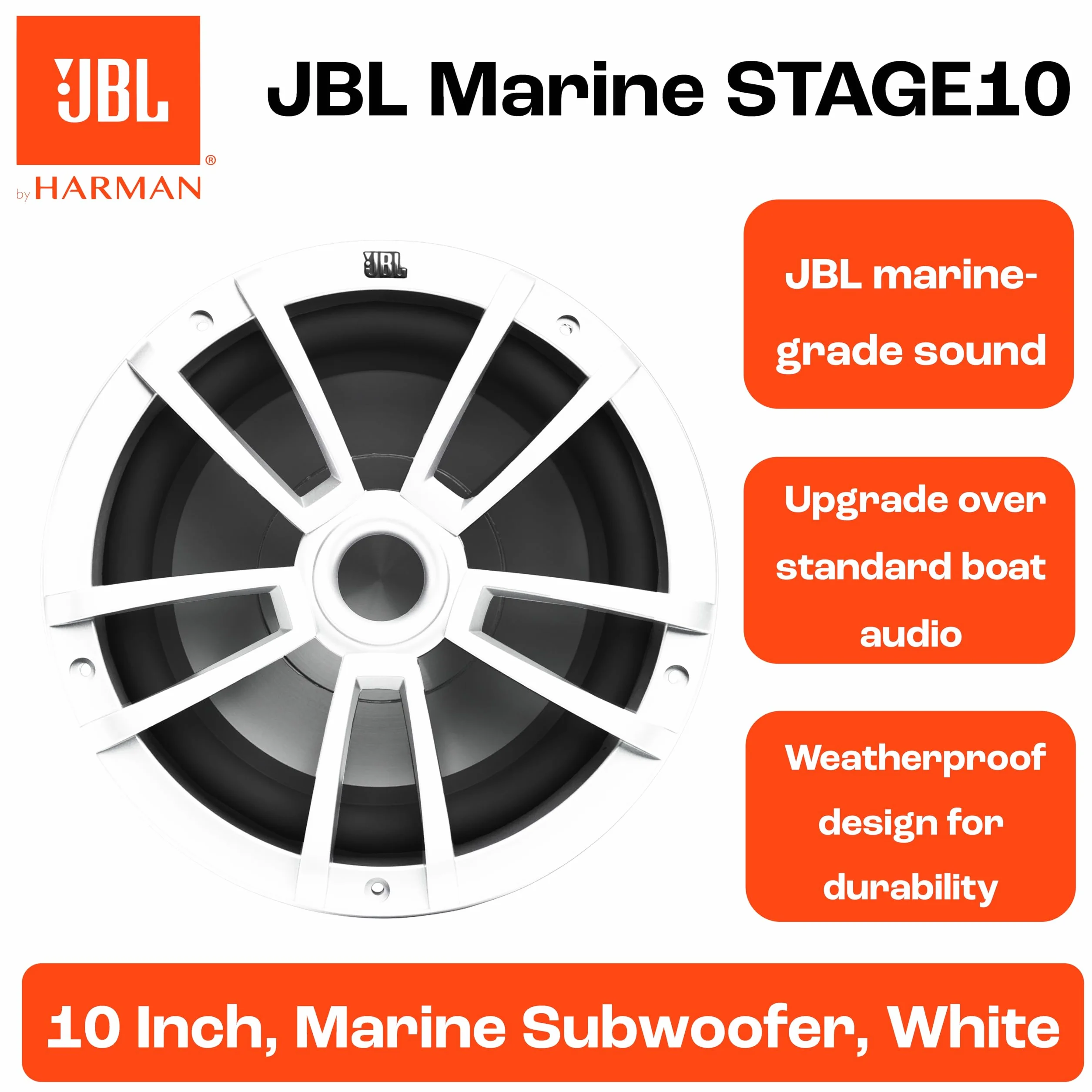 JBL Stage Marine 10 Subwoofer 250mm con 200W RMS e 600W Peak 88dB sensibilità 30Hz–250Hz 4 ohm design marino resistente ideale per imbarcazioni offrendo bassi profondi e prestazioni affidabili
