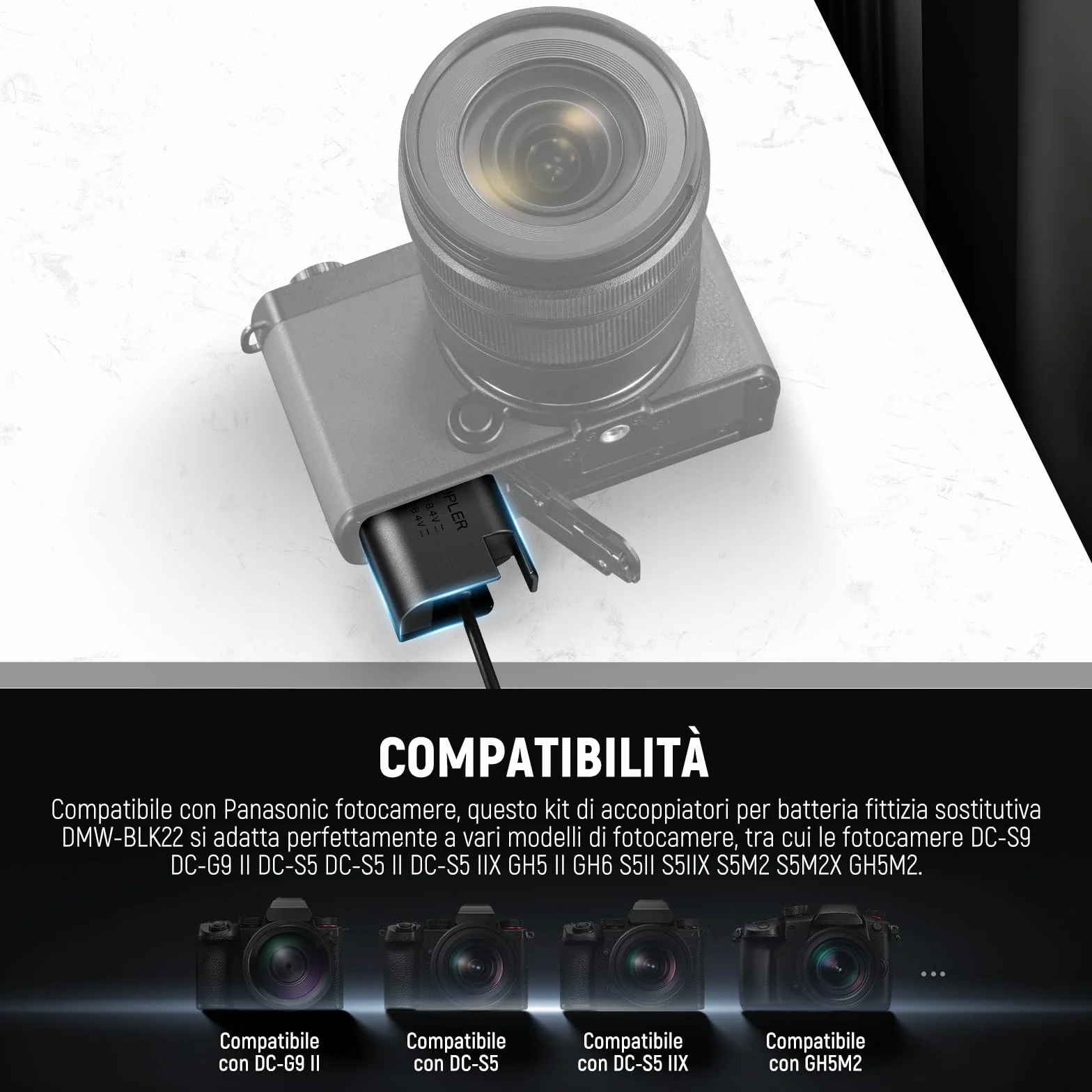 NEEWER Adattatore AC Power DMW-BLK22 & Kit Caricabatterie Batteria Factice Accoppiatore DC Compatibile con Panasonic Lumix GH5 II GH6 II S5II S5IIX S5M2 S5M2X GH5M2