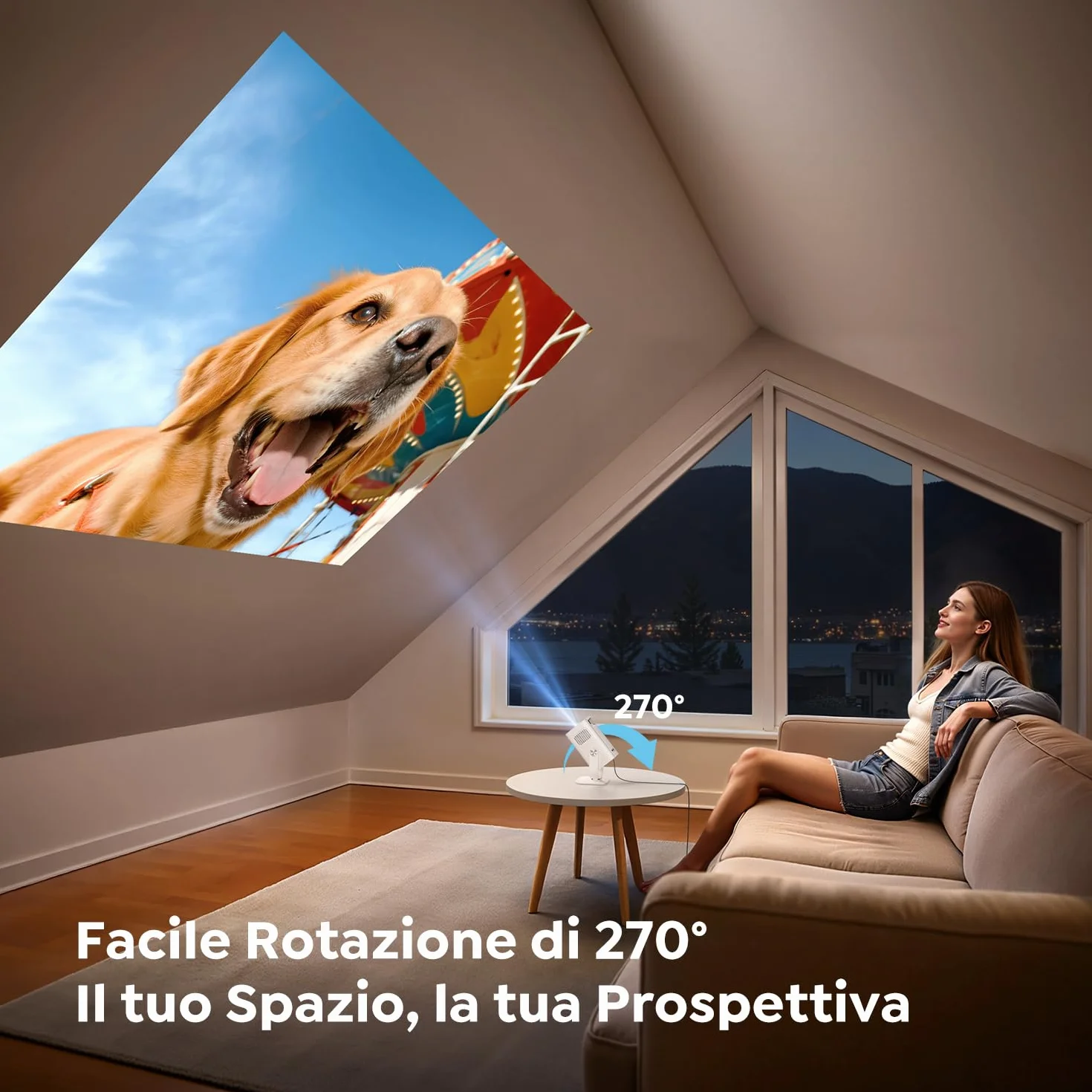 Proiettore WIFI6 Bluetooth 5.4 1080P 4K Mini Videoproiettore Auto Keystone Rotazione 270° Esterni HDMI USB TV Stick
