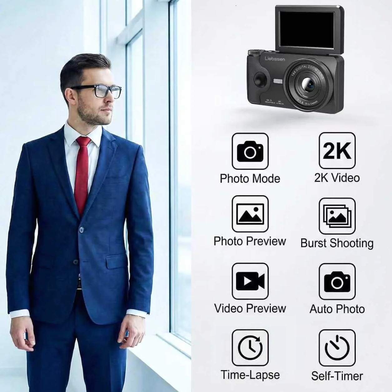 Fotocamera Digitale 4K 64MP Autofocus Ribaltabile 3,0" 180° Ricaricabile Portatile per Foto&Vlog, Time Lapse, Slow Motion&20 Filtri 2000mAh 32GB, per Creator Social, Bambini e Principianti (Nero)