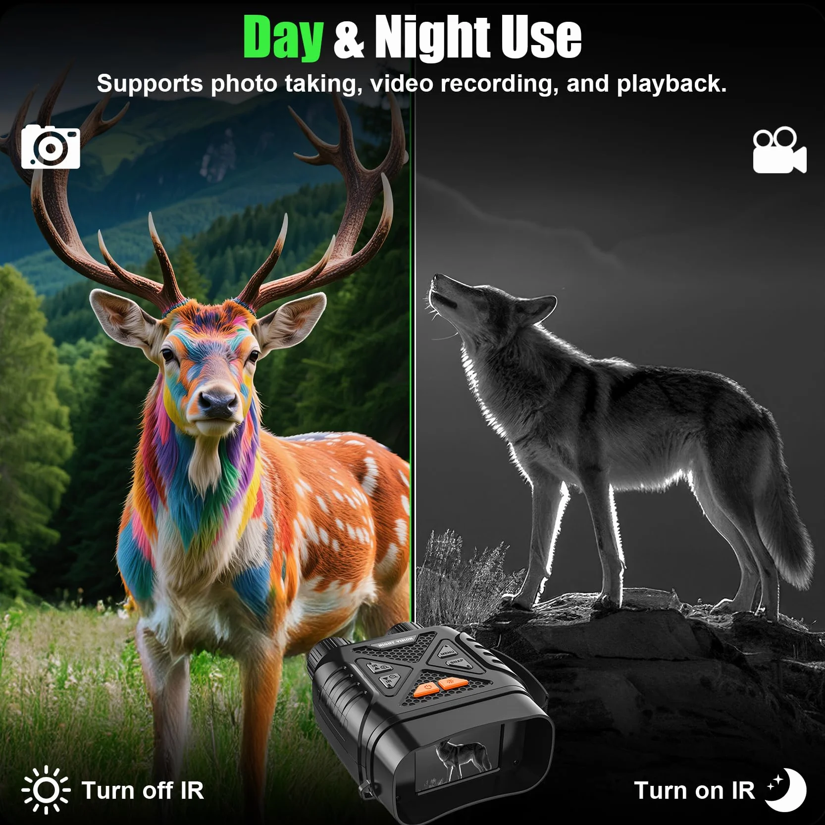 GlobalCrown Visore Notturno binocolo visione notturna,Binocolo infrarossi con zoom 10x e scheda 32GB per foto e video,Cannocchiale per l'osservazione della fauna selvatica,caccia e pesca notturna