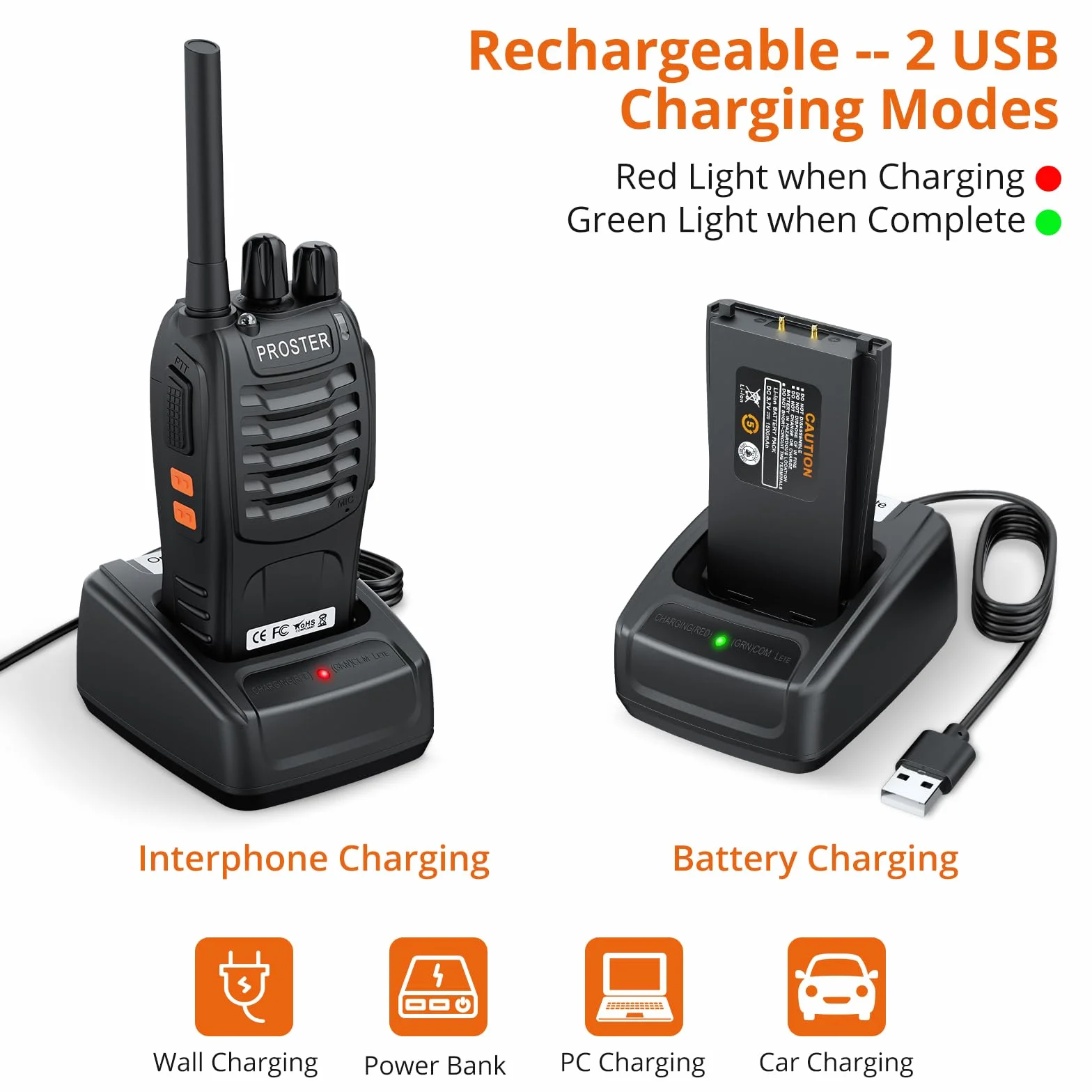 Proster Walkie Talkie PMR446 Senza Licenza Ricaricabili Set 2 Ricetrasmittenti Portatili 16 Canali VOX Torcia LED Auricolari Batteria 1500mAh per Lavoro Outdoor Famiglia Bambini
