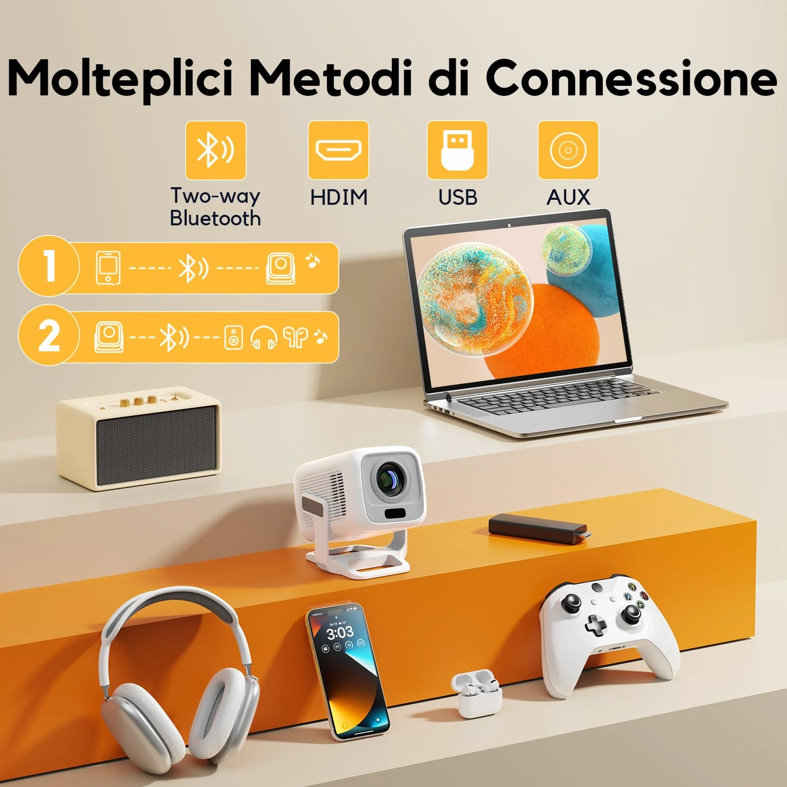 [Apps integrate & Auto Focus] AKIYO O4 Proiettore 4K con WiFi 6 Bluetooth 5.2, 1080P Nativo Proiettore Portatile Auto Keystone Rotabile 120°,per HDMI/USB/Smartphone