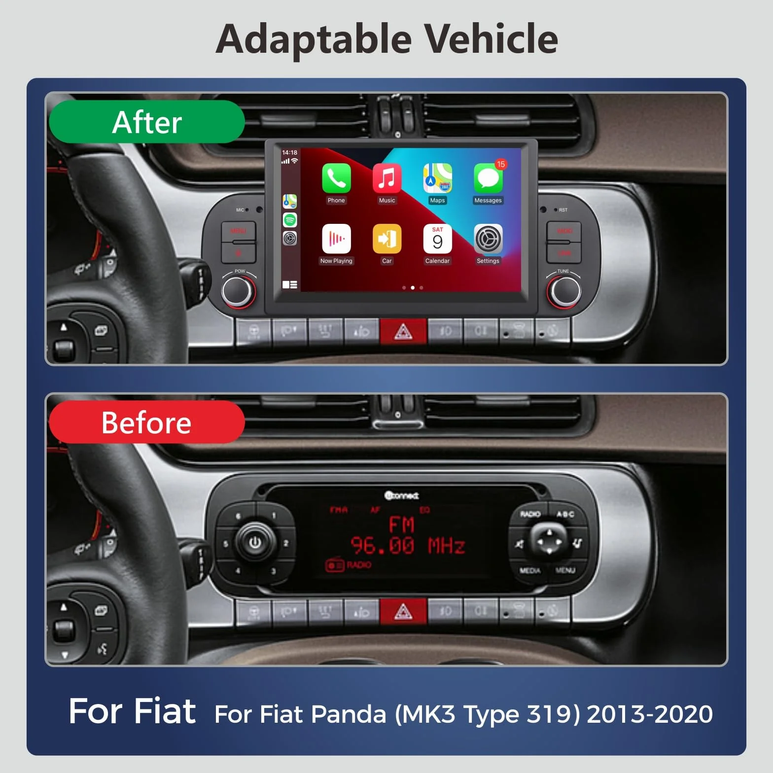 Autoradio doppio DIN per FIAT Panda 2013-2020 Apple Wireless Carplay e Android Auto Voice Control con display touch IPS da 7 pollici/Bluetooth/FM/AM/USB/EQ