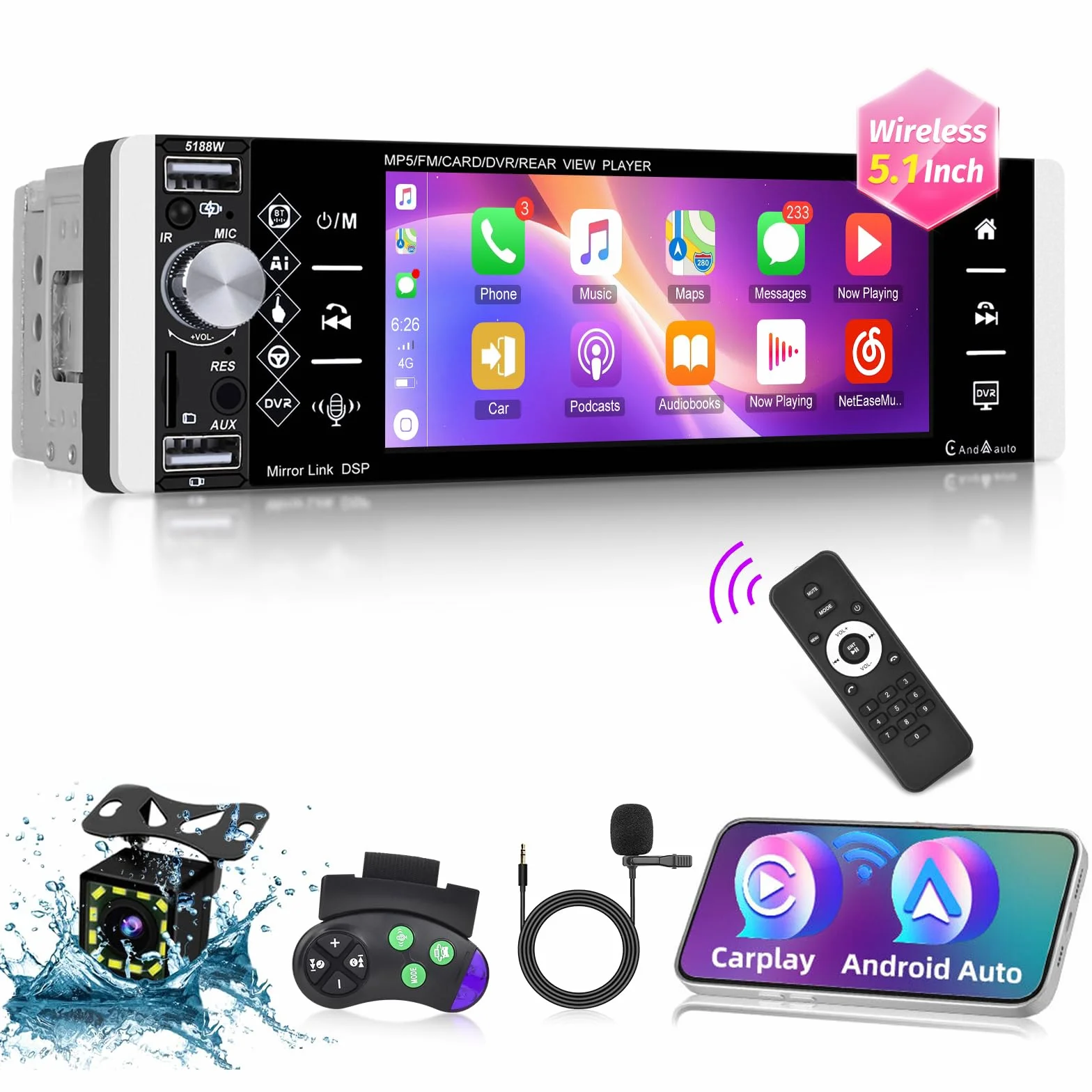 Autoradio 1 Din con Senza fili Carplay e Android Auto - Radio Bluetooth Touchscreen IPS da 5,1 Pollici con EQ, Mirror Link, Radio FM/AM/RDS, Bluetooth, Porta TF/AUX/USB, SWC + Telecamera di Backup