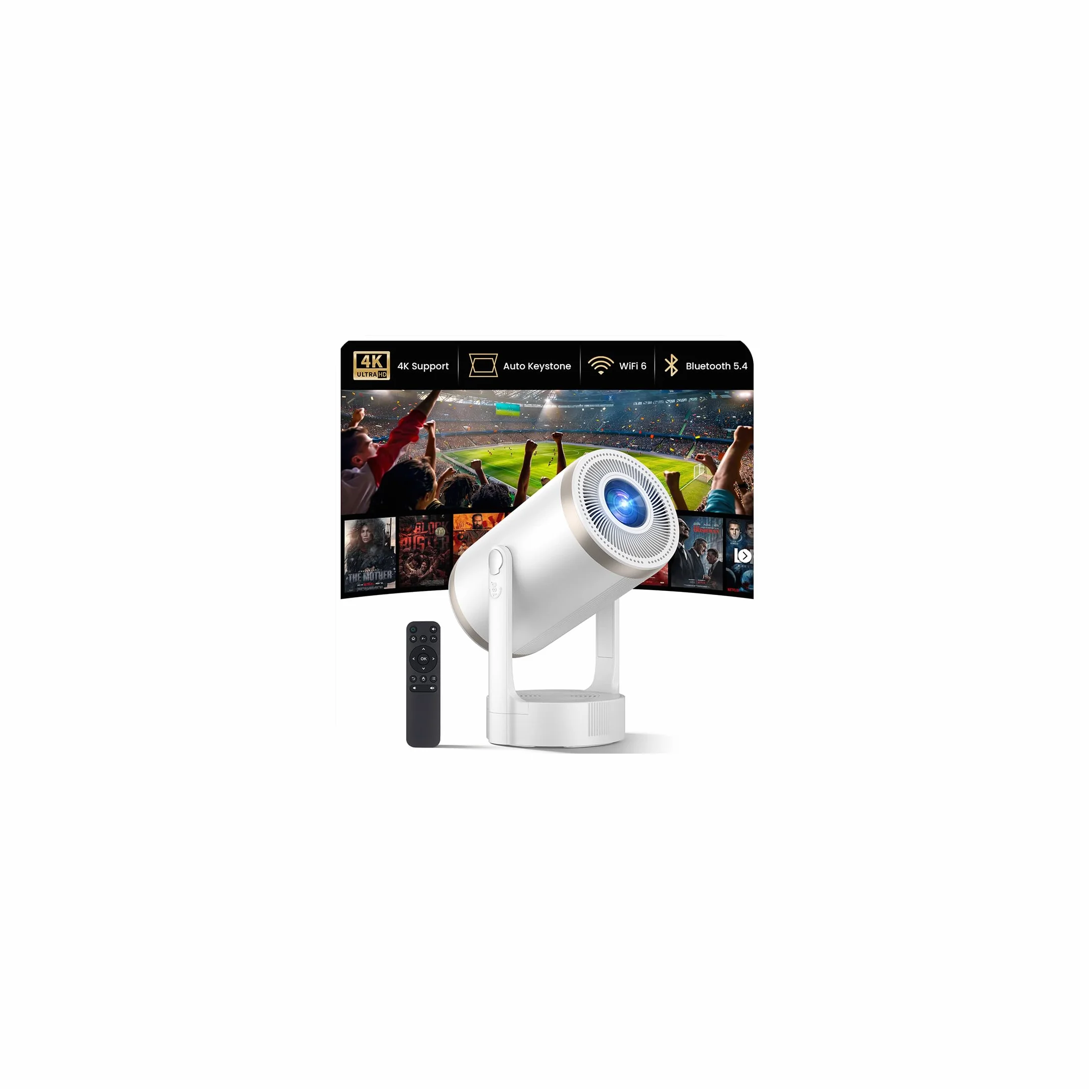 Proiettore Portatile Supporto 4K 1080P, Mini Proiettore Android 12.0 WiFi 6 Bluetooth 5.4, 260 ANSI Lumen, Auto Keystone e Zoom Regolabile, Rotazione a 180°, Schermo 30 a 200 Pollici per Home Cinema