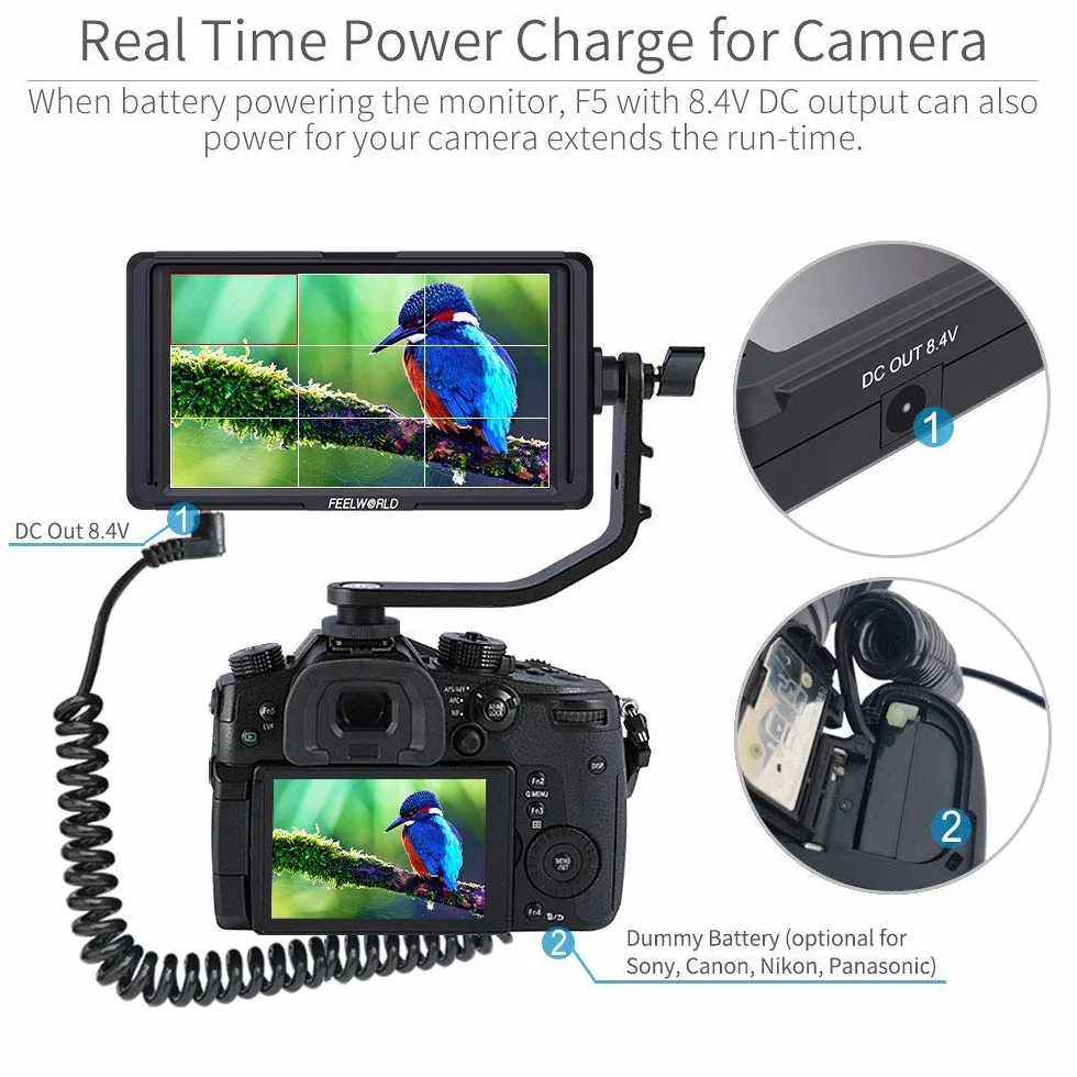 Feelworld F5 5 Pollici On Camera Field Monitor DSLR Small Full HD 1920x1080 IPS Video Peaking Focus Assist con 4K HDMI 8.4V DC Input Output Includono Tilt Arm