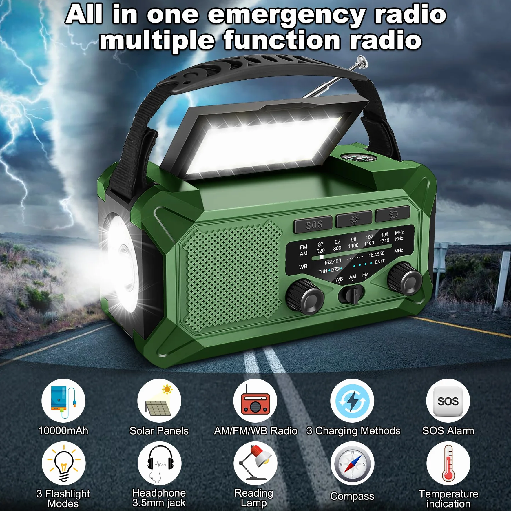 Radio meteorologica di emergenza 10000 mAh 37000 mWh NOAA/AM/FM solare a manovella con torcia, caricatore telefono, bussola, lampada da lettura