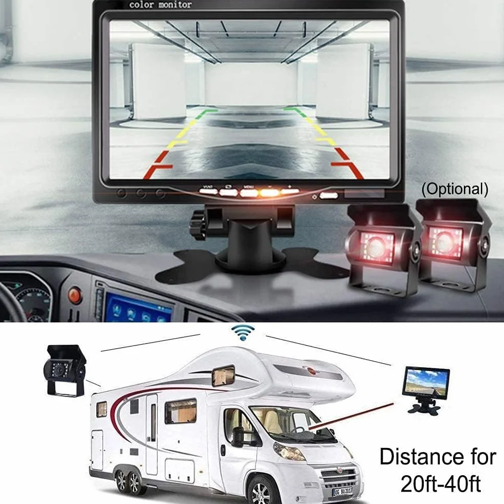 CAMECHO Telecamera di Retromarcia Wireless IR Visione Notturna 12V-24V Monitor TFT LCD da 7" Impermeabile per Camion/Van/Caravans/Rimorchi/Camper