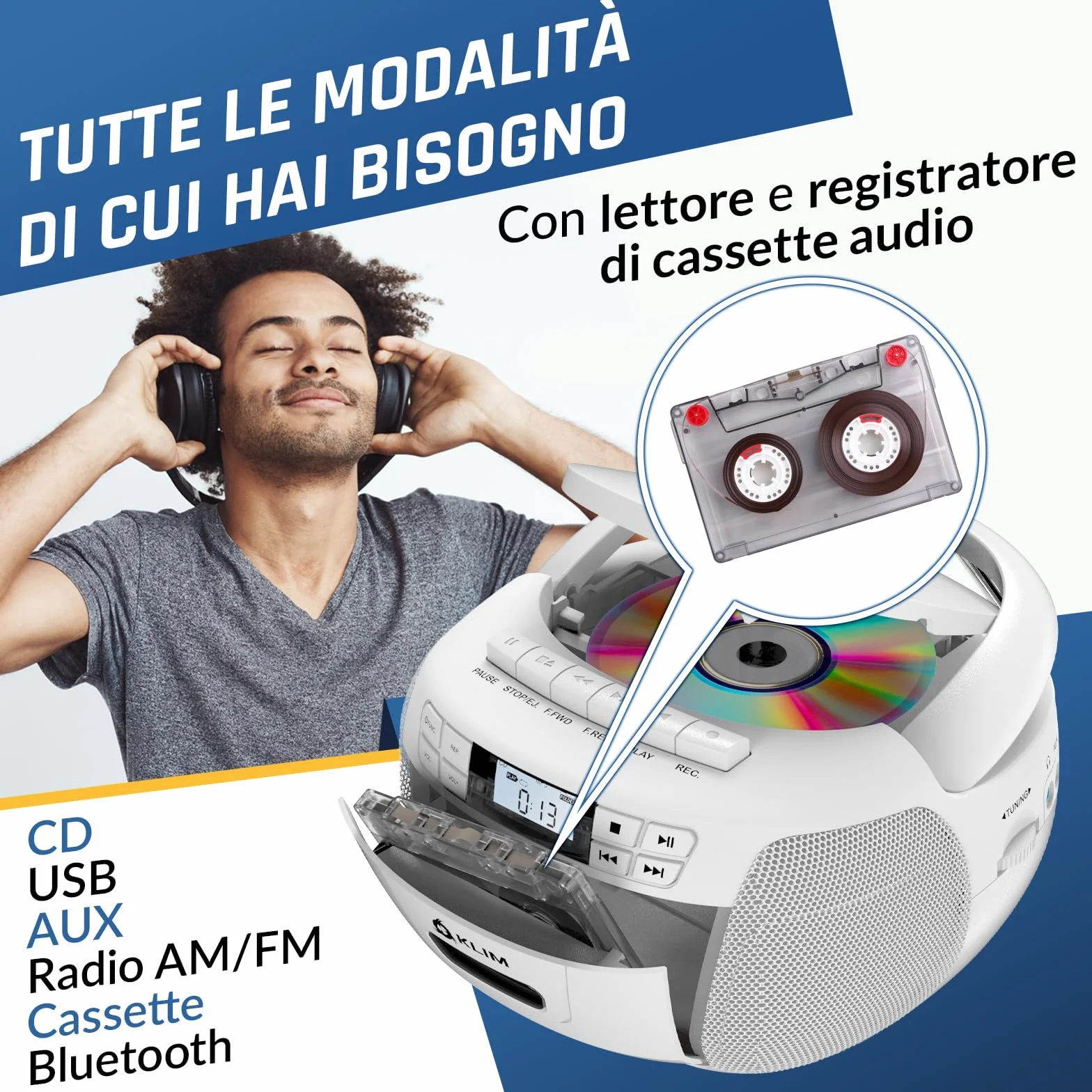 KLIM Lettore CD - Lettore Cassette Audio, AM/FM Radio Bluetooth, Stereo CD Player, Remota, Registrazione Su Nastro, USB Drive, AUX, Radio Stereo Casa Alimentazione AC/DC - Bianco