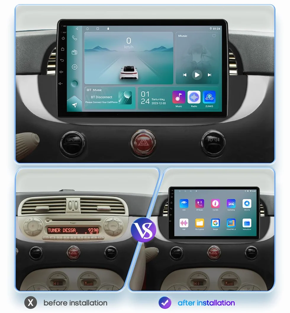hizpo 9 pollici Touchscreen Autoradio compatibile con Fiat 500 2007-2014 con Carplay/Android Auto 4-core UPC 2+32GB DAB Adattatore autoradio WiFi 4G Mirror Link (nero-1)