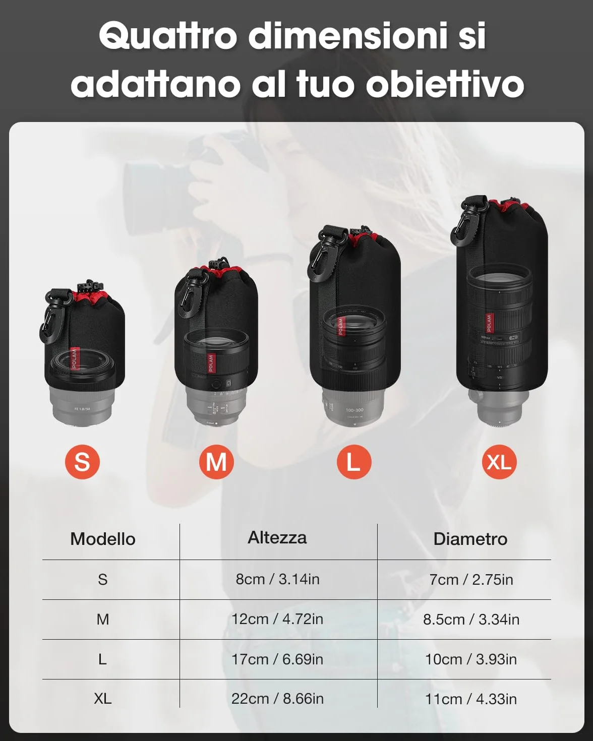 Sacchetti Lenti, 4 custodia per obiettivo Set per proteggere lenti DSLR, neoprene con morbida spessore nero in peluche per Canon, Nikon, Tamron, Sigma, Pentax, (Piccola, Media, Grande e XL)