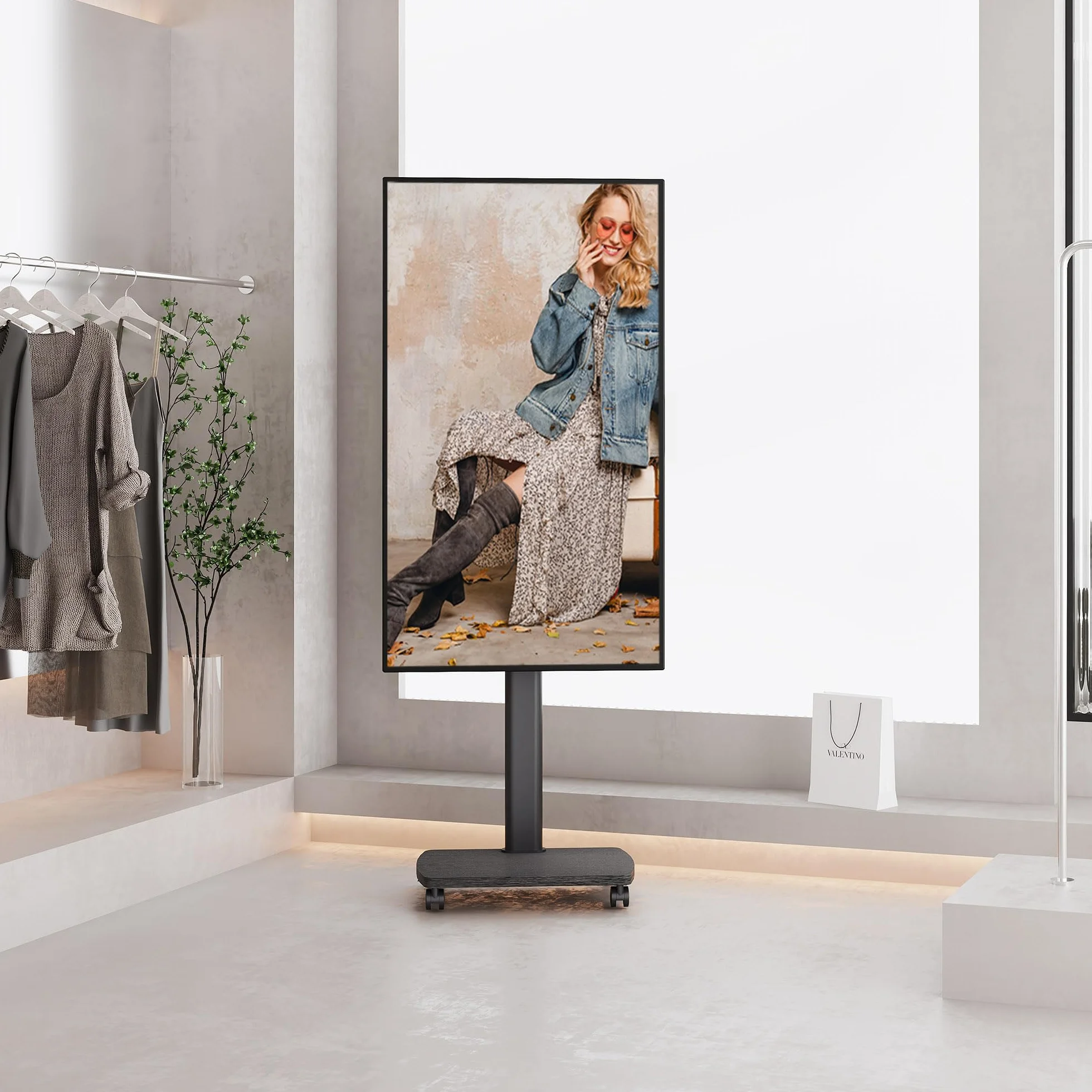 AOKCOS Supporto TV da Pavimento Orizzontale e Verticale per 19-42 Pollici, Carrello Porta TV con Ruote Base in Legno, Inclinazione & Girevole, fino a 20 kg max. VESA 200×200 mm Nero