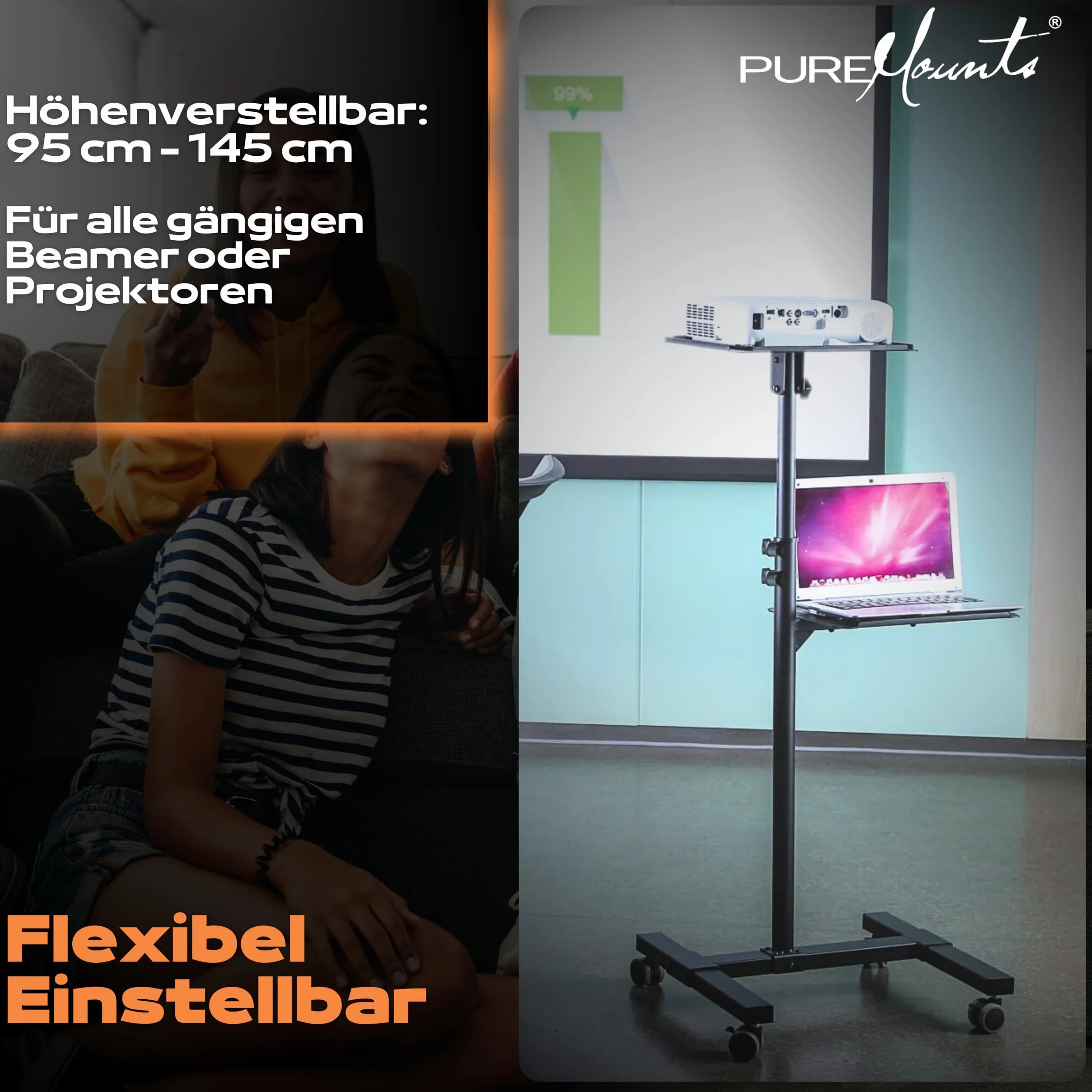 PureMounts PCART-10 - carrello/tavolo da proiezione inclinabile, regolabile in modo flessibile (da 950 mm a 1450 mm), capacità di carico 10 kg, colore nero, auto beamer: 950-1450mm