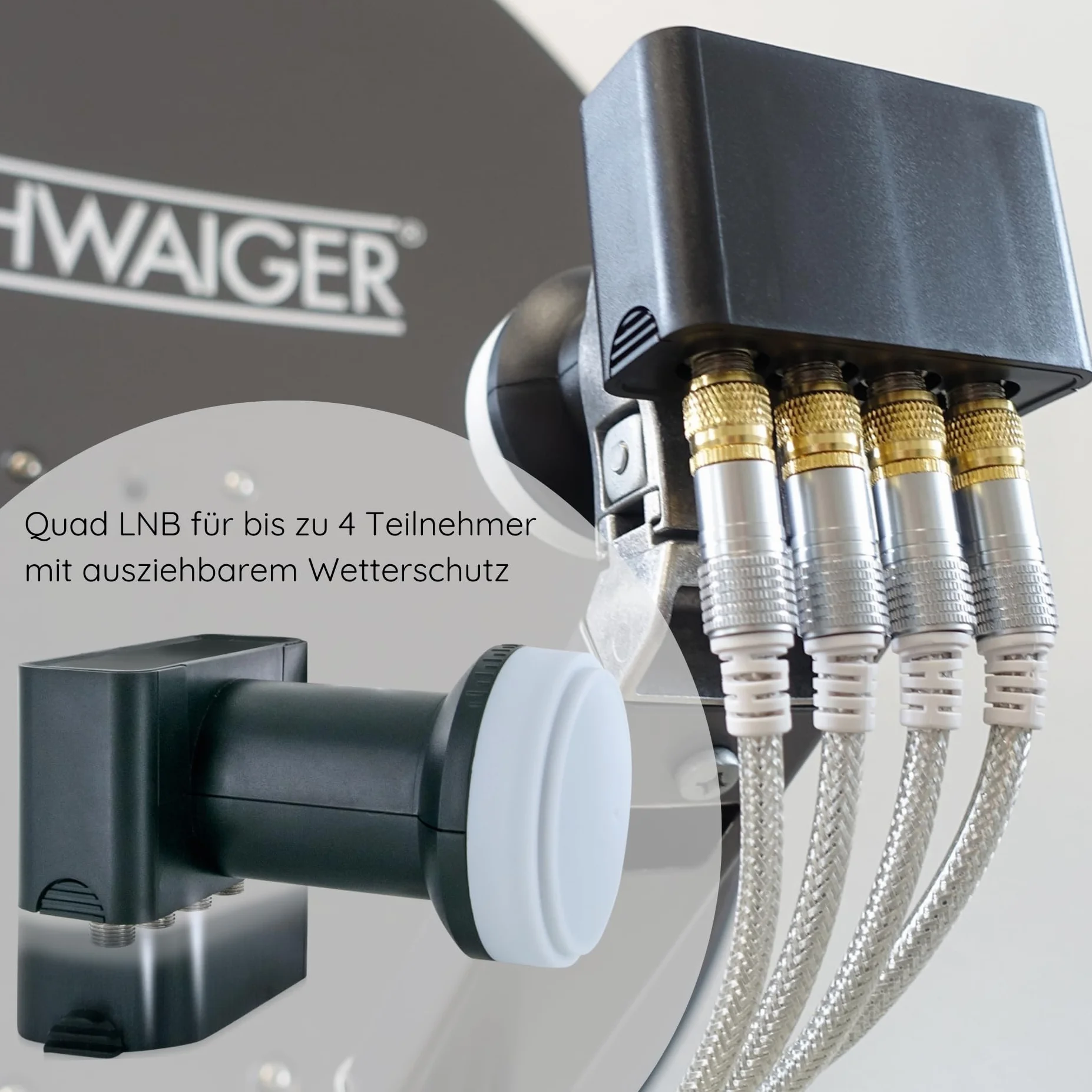 SCHWAIGER Sistema SAT Set satellitare Parabola satellitare Quad LNB digitale 8X connettore F 7mm acciaio Antenna SAT completa Grigio chiaro 74,5 x 84,5 cm