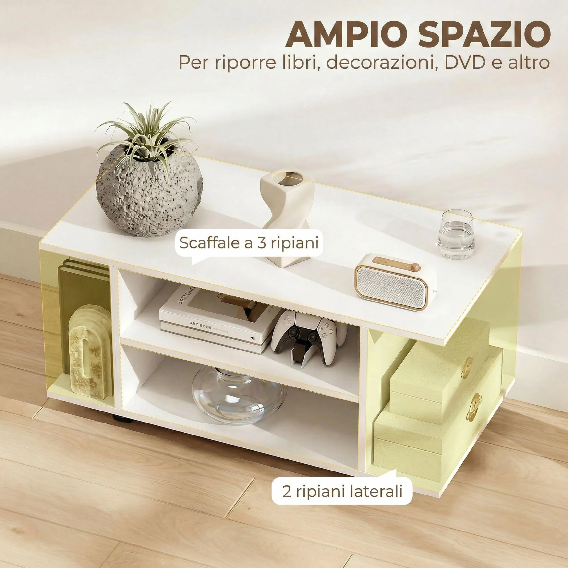 HOMCOM Mobile TV Moderno con Ripiani, 42" Porta TV con Ruote, 80x40x40 cm, Bianco