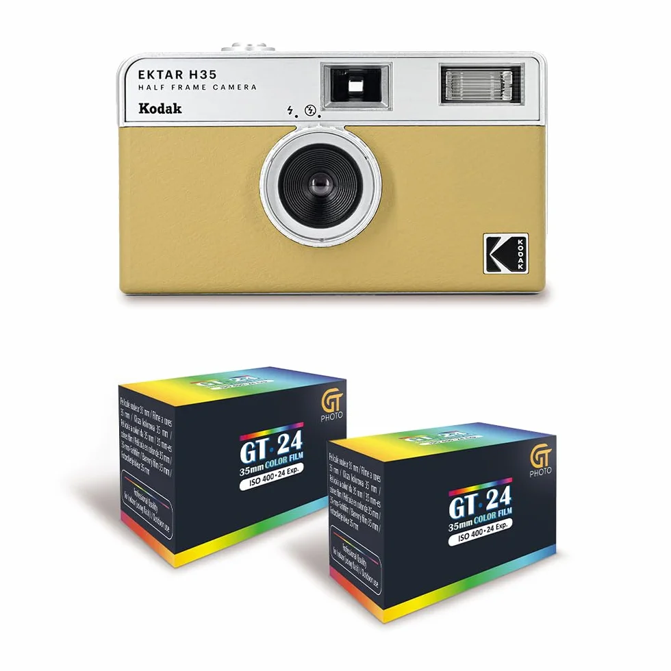 KODAK EKTAR H35 - Videocamera da 35 mm, riutilizzabile, senza messa a fuoco, leggera, facile da usare, sabbia + 2 pellicole 35 mm, colore 24 esposizioni