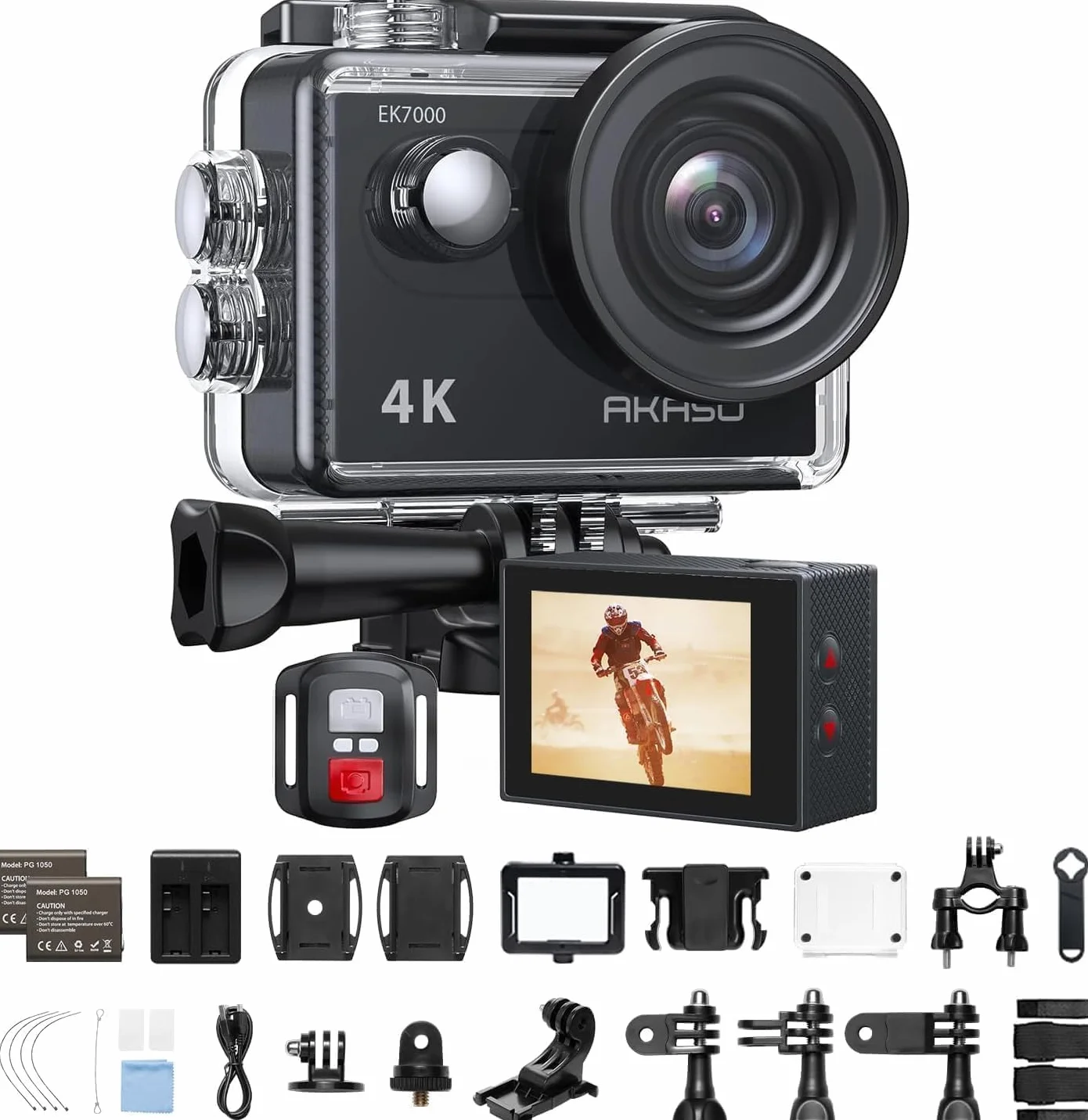 AKASO EK7000 Action Cam 4K, Fotocamera Subacquea WiFi 20MP, Impermeabile 30M, Microfono Esterno Compatibile, Telecomando, 2 Batterie 1050 mAh, Accesorios Multiples per Bicicletta Casco Sci Surf