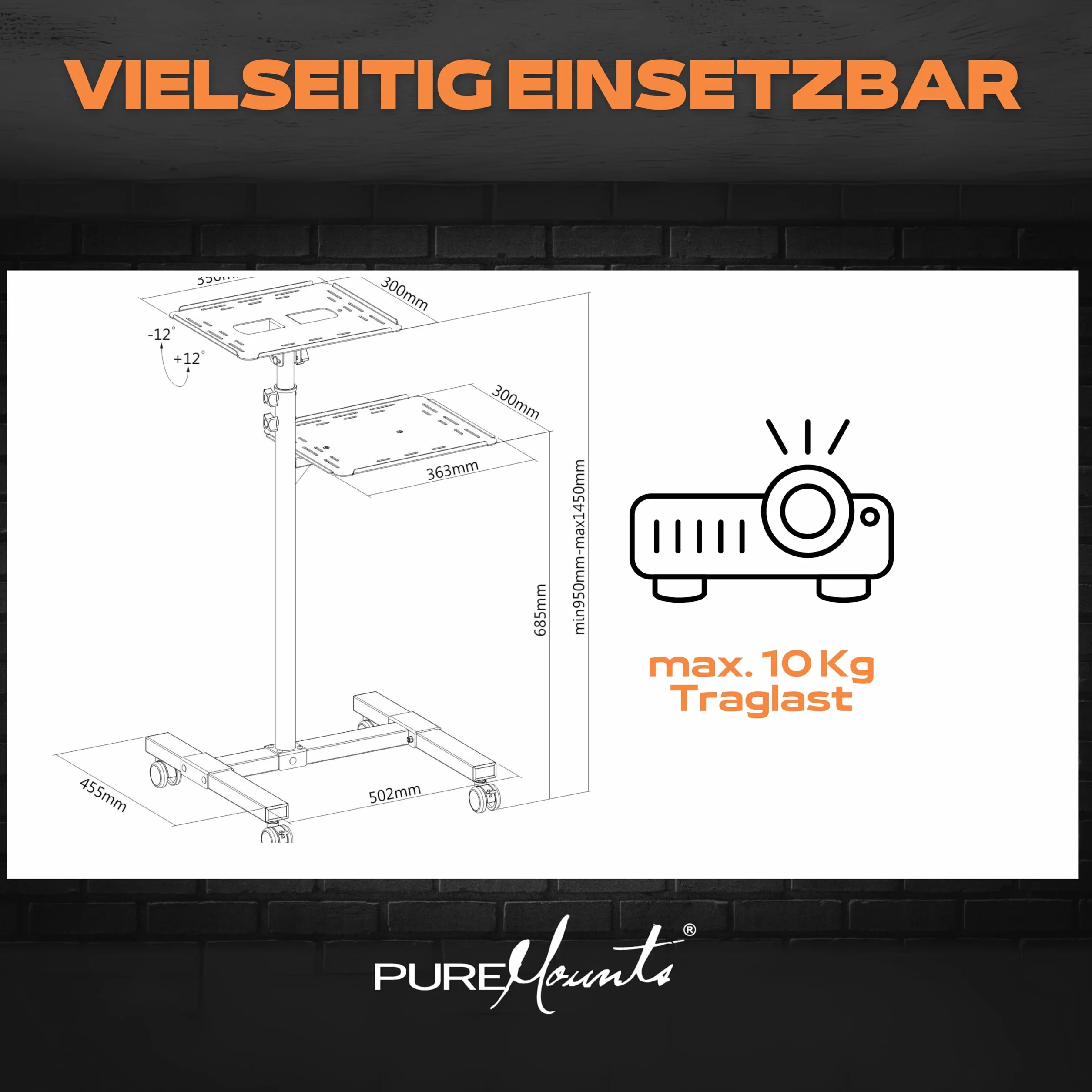 PureMounts PCART-10 - carrello/tavolo da proiezione inclinabile, regolabile in modo flessibile (da 950 mm a 1450 mm), capacità di carico 10 kg, colore nero, auto beamer: 950-1450mm