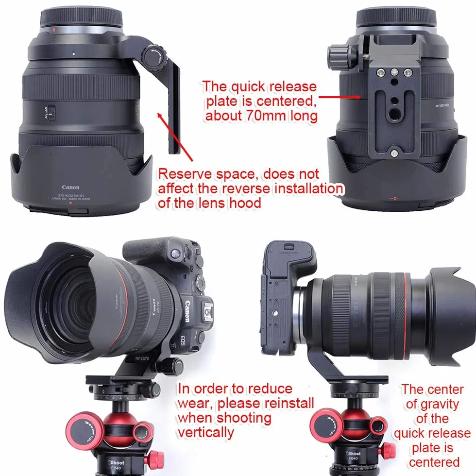iShoot Supporto ad anello con supporto in metallo da 74,5 mm compatibile con Canon RF 28-70 mm f/2L USM, supporto per lenti e supporto per lenti è Arca-Swiss Fit piastra a sgancio rapido