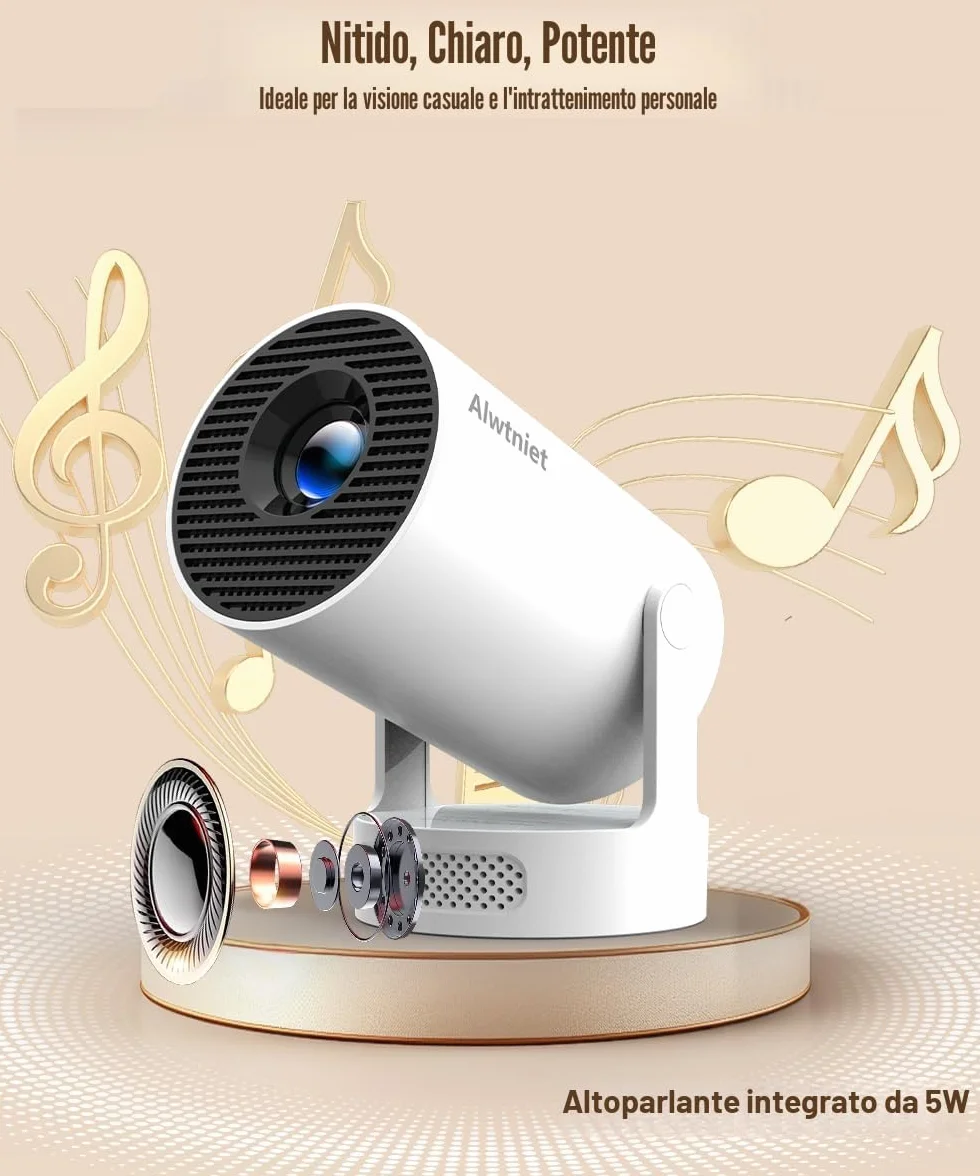 2026 HY300Pro+ Mini Proiettore 4K con Wi-Fi 6 e Bluetooth 5.4, Altoparlante Soundbase da 5W, Correzione Trapezio Verticale Automatica, Rotazione a 180°, Proiettore Portatile per Casa e Esterno
