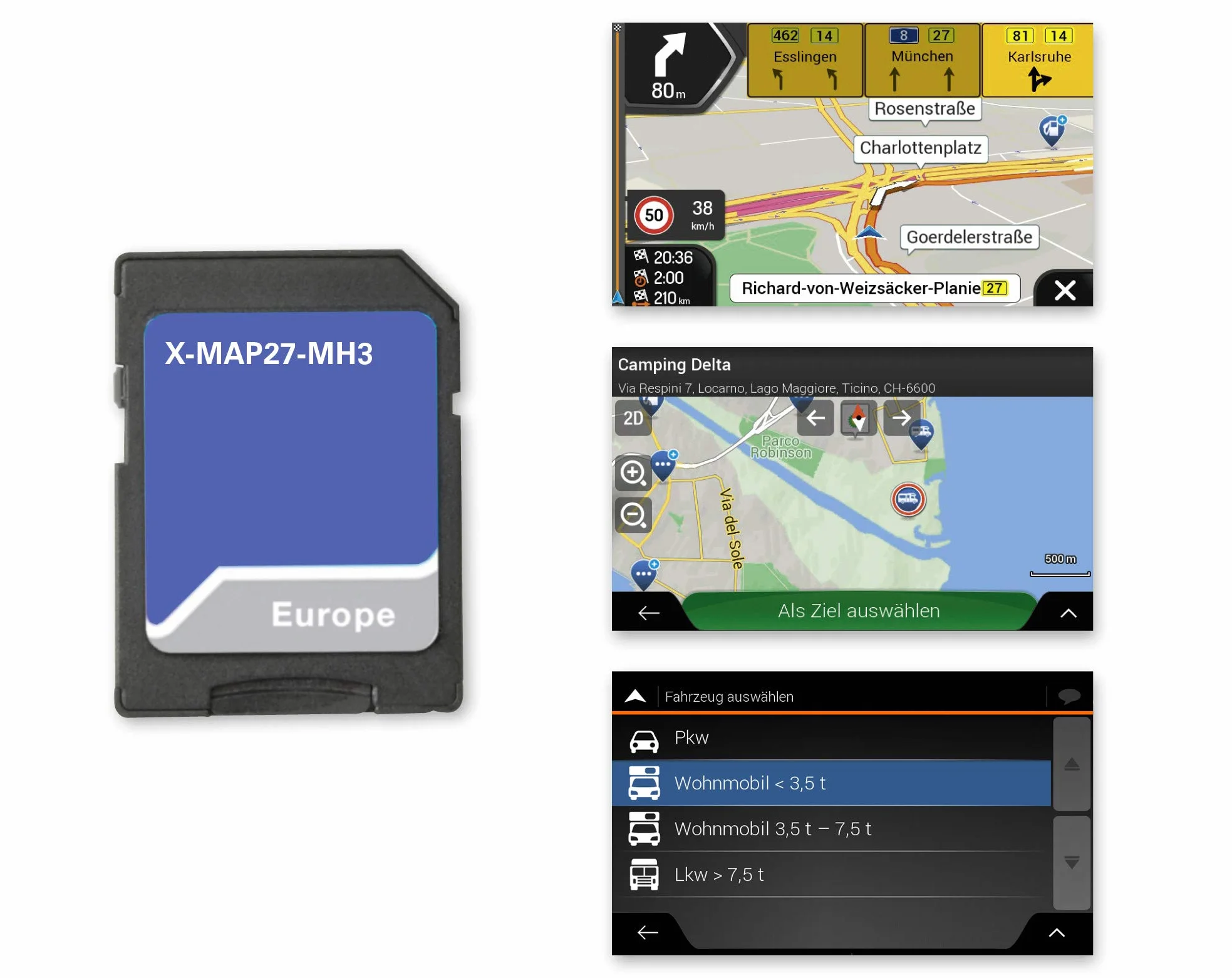 X-MAP27-MH3: Scheda Micro SD con Navigazione da Viaggio per XZENT X-427 e X-F270, Mappe per Europa, Campeggio P.O.I., Pacchetto 3 Anni di Aggiornamento Mappe Gratuito
