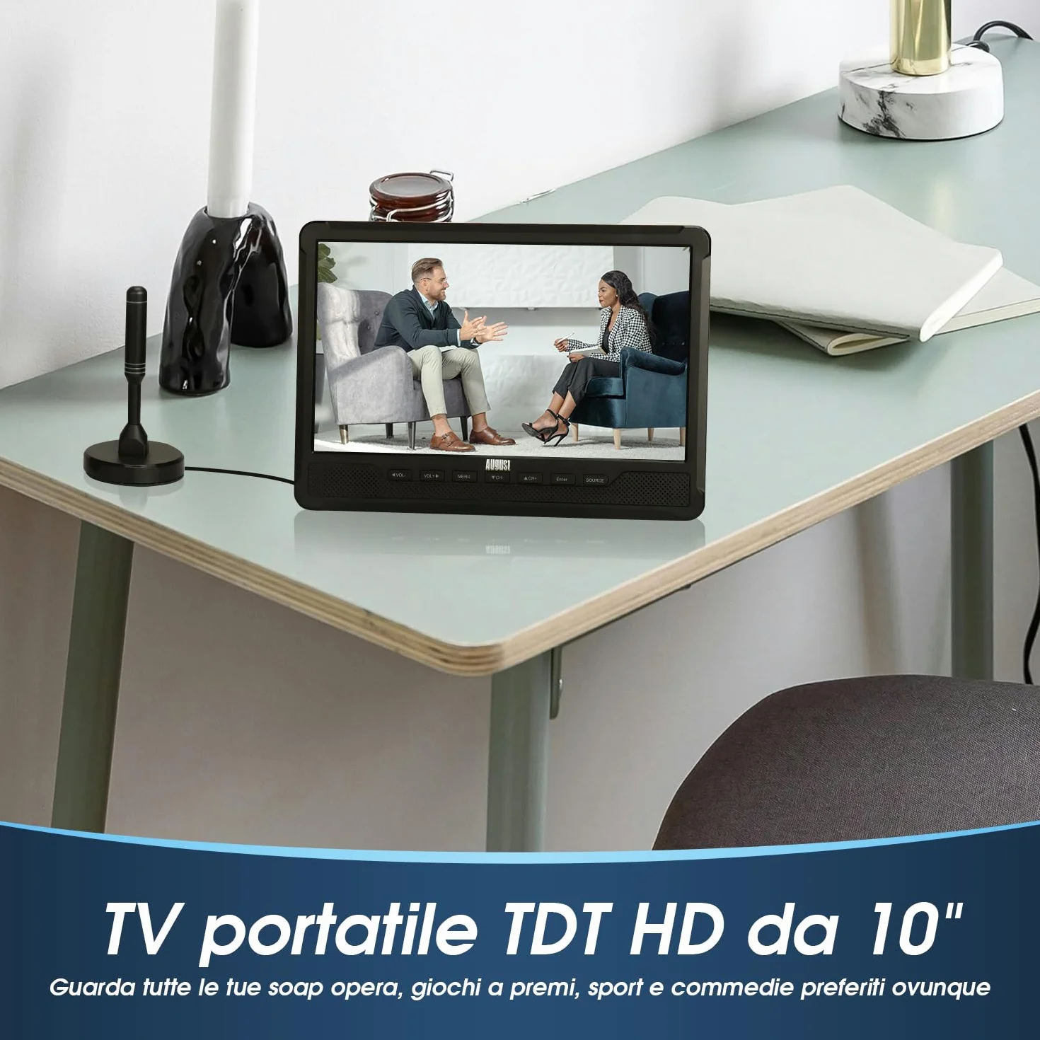August DA383 10 Pollici TV Portatile con Lettore DVD Integrato, TDT DVB-T2, Batteria Ricaricabile, CD/DVD/USB/SD, HDMI, AV - Aux out