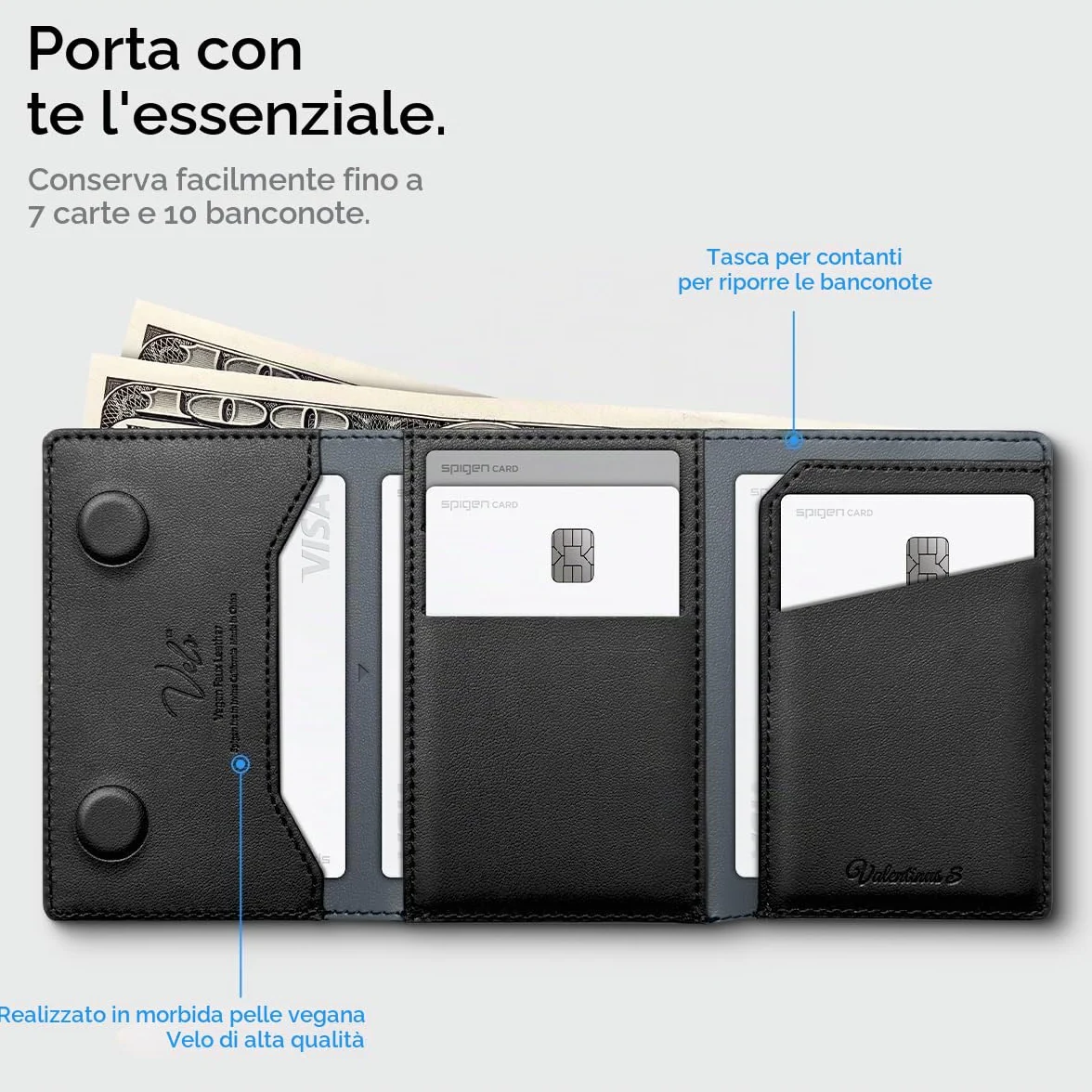 Spigen Valentinus S MagFit Portafoglio MagSafe Wallet Magnetico Portacarte Compatibile con iPhone 17/16/15/14/13/12 Modelle, Portafoglio uomo, Accessori MagSafe - Nero