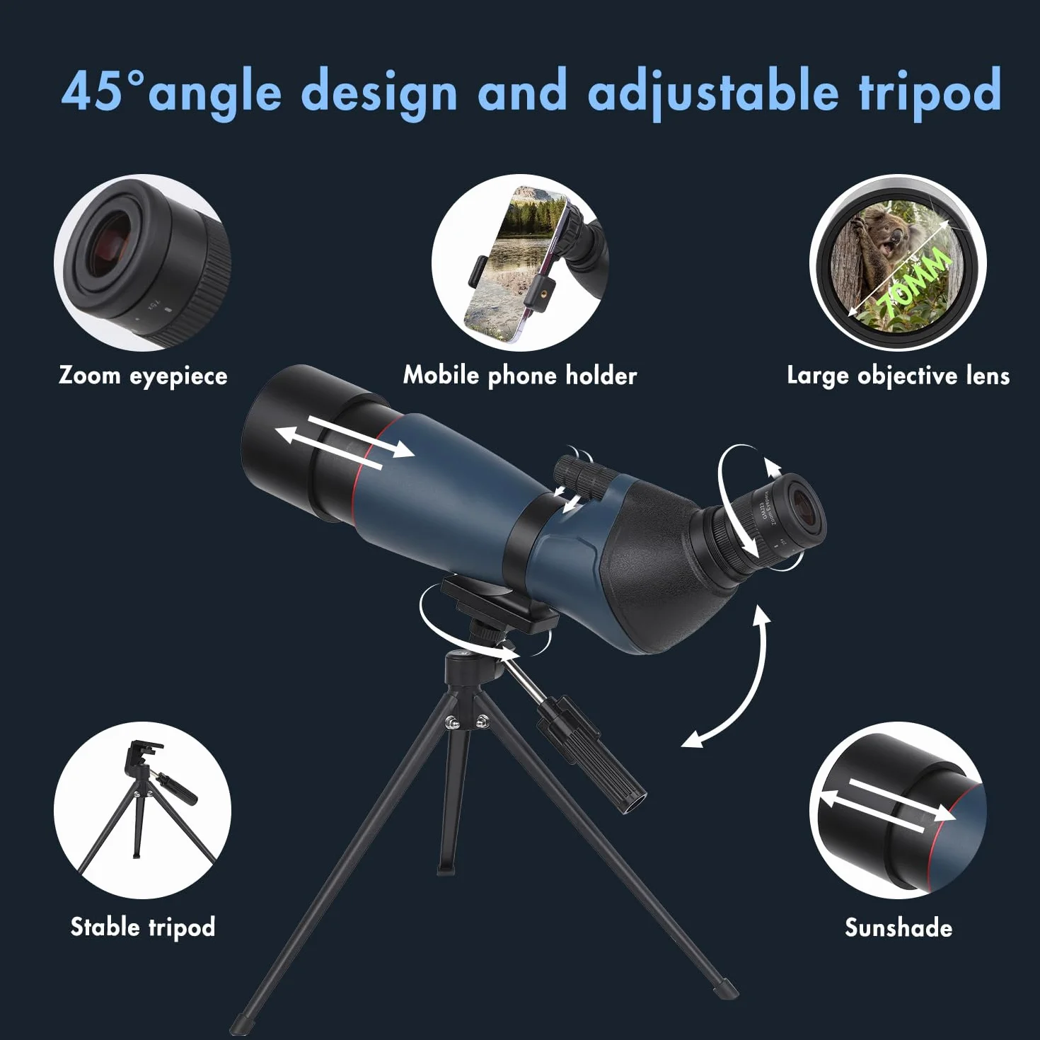 Telescopio ultra HD 25-75 x 70, doppia messa a fuoco, impermeabile, obiettivo FMC, prisma BAK4, custodia, treppiede, caccia, bird watching, paesaggi selvatici (blu)