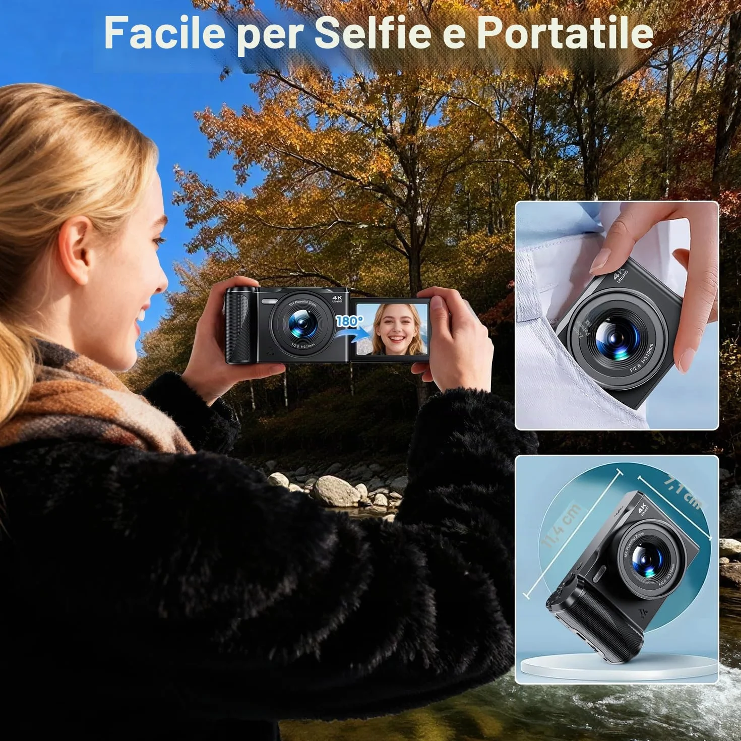 Macchina Fotografica Digitale, Focusinc 4K 56MP Fotocamera con Autofocus, Videocamera Pieghevole 180° da 3 Zoom Digitale 16X, Scheda 32GB Inclusa, Compatta Ricaricabile per Principianti Studenti