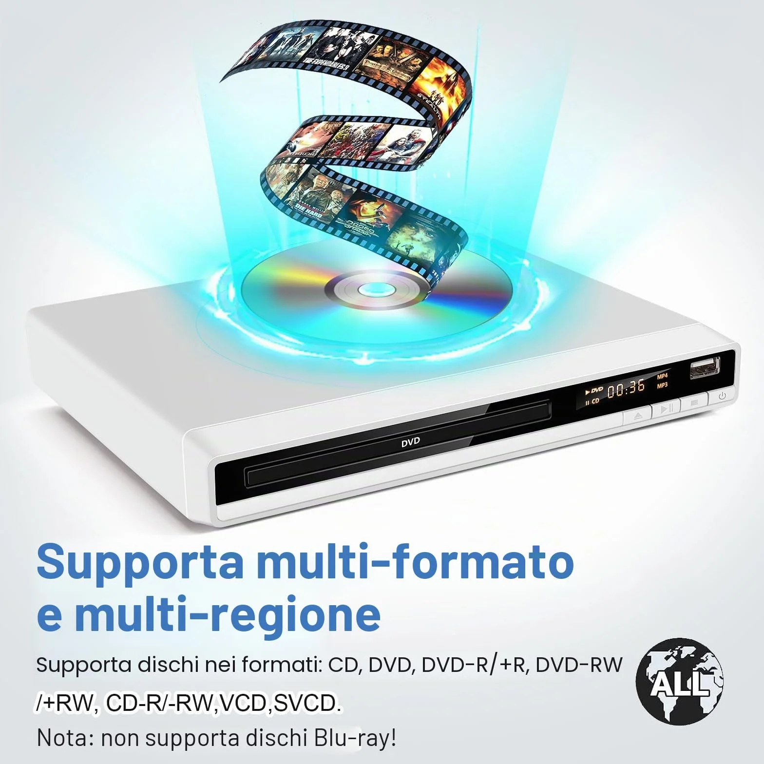 Lettore DVD Multiregione con HDMI per TV | JOVELL Riproduttore CD MP3 con Ingresso USB | Include Telecomando e Cavi HDMI/RCA | Perfetto per Film Familiari, Riproduce Tutte le Regioni (Bianco)