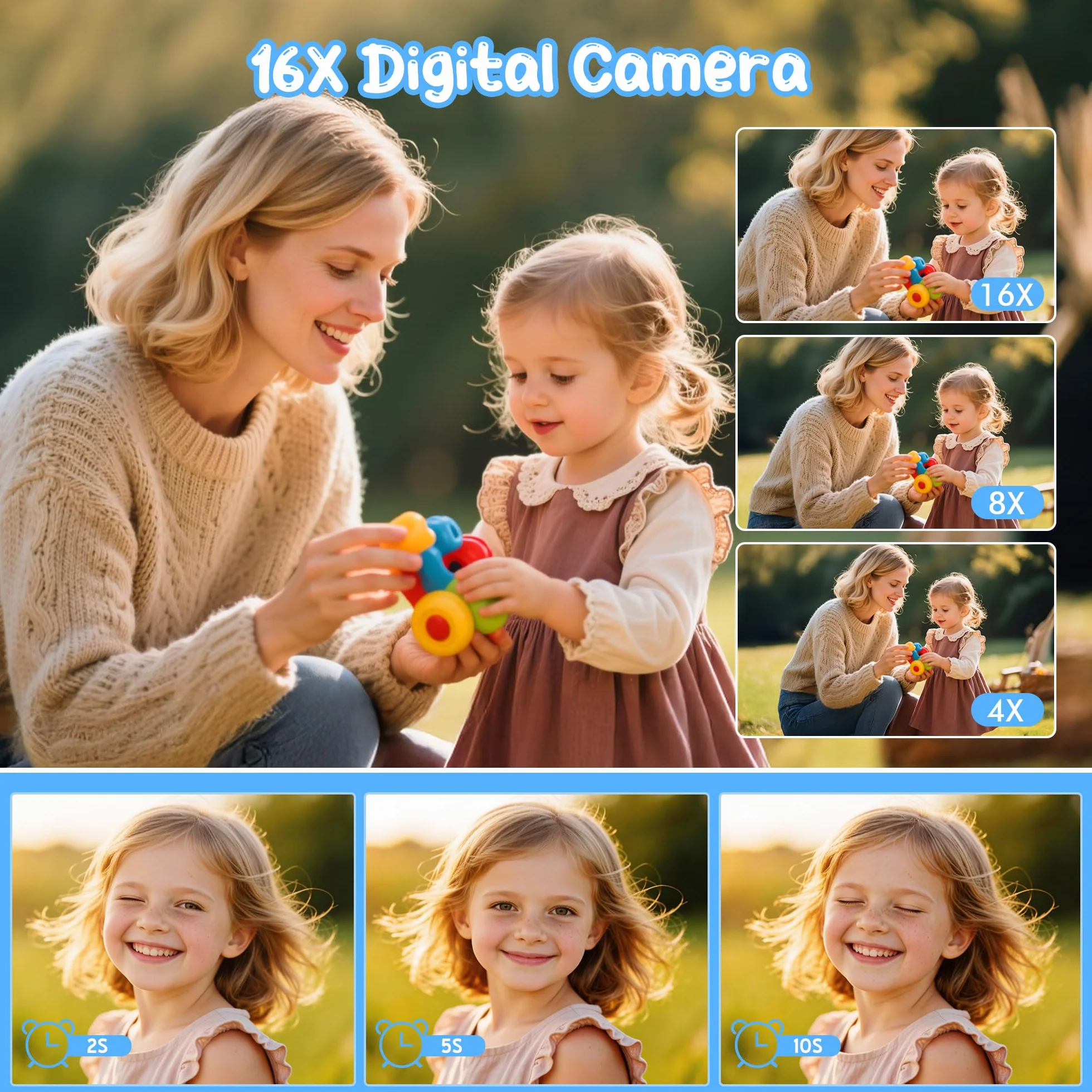 Fotocamera Digitale 1080P 44MP Vlogging Bambini FHD Compatta Portatile Schermo 2,4" Zoom 16X Anti-Shake Nero
