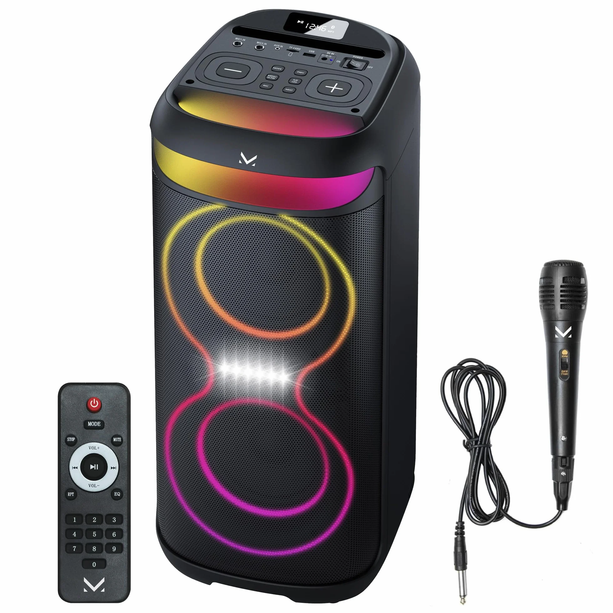 Majestic FIRE 38 – Speaker Wireless audio 5.3, Luci LED multicolor 6 effetti, ingressi USB/Micro SD/AUX/Mic, TWS, batteria ricaricabile, telecomando e microfono a filo inclusi