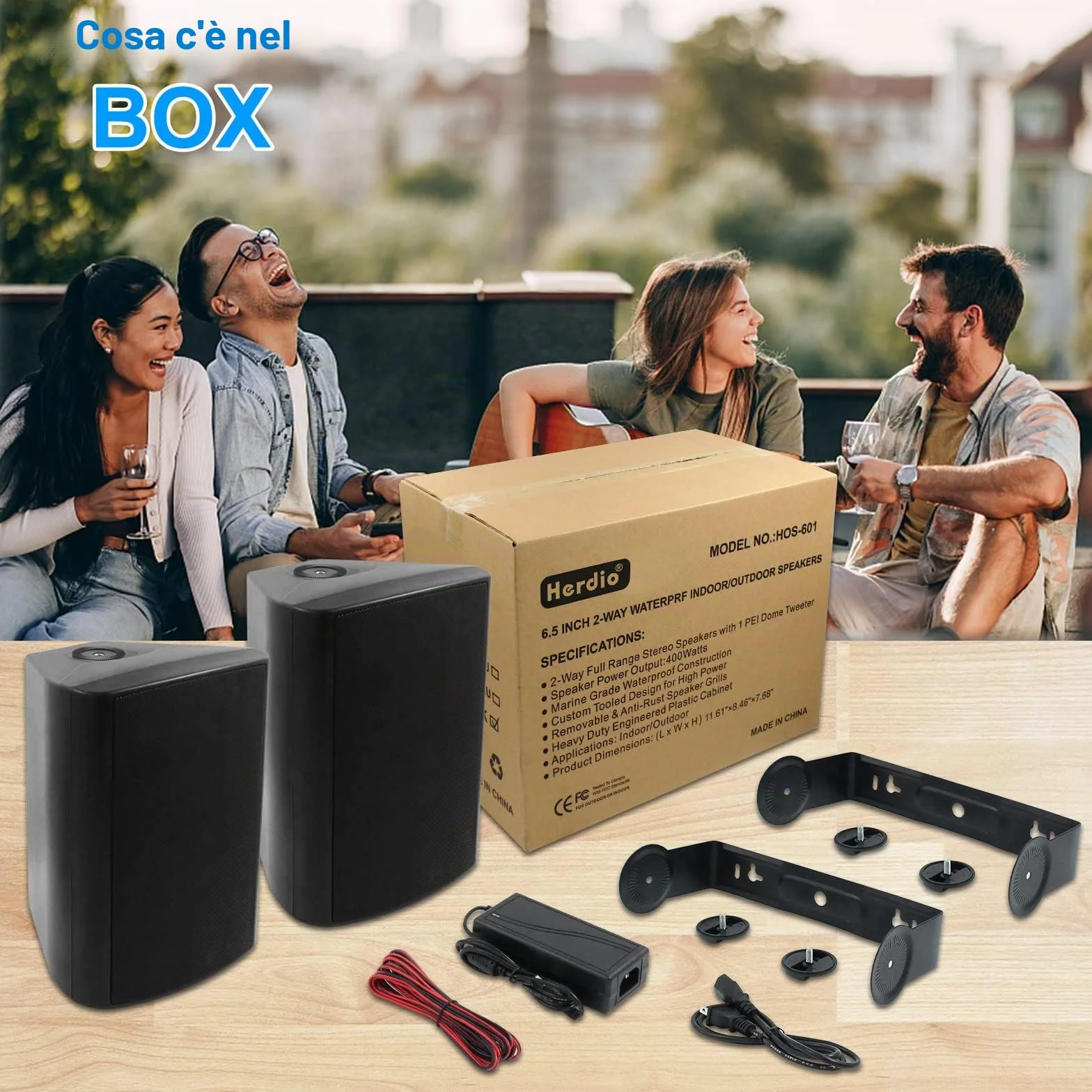 Herdio Altoparlanti da esterno impermeabile 400W Bluetooth 6.5'' diffusori con montaggio a parete, Nero