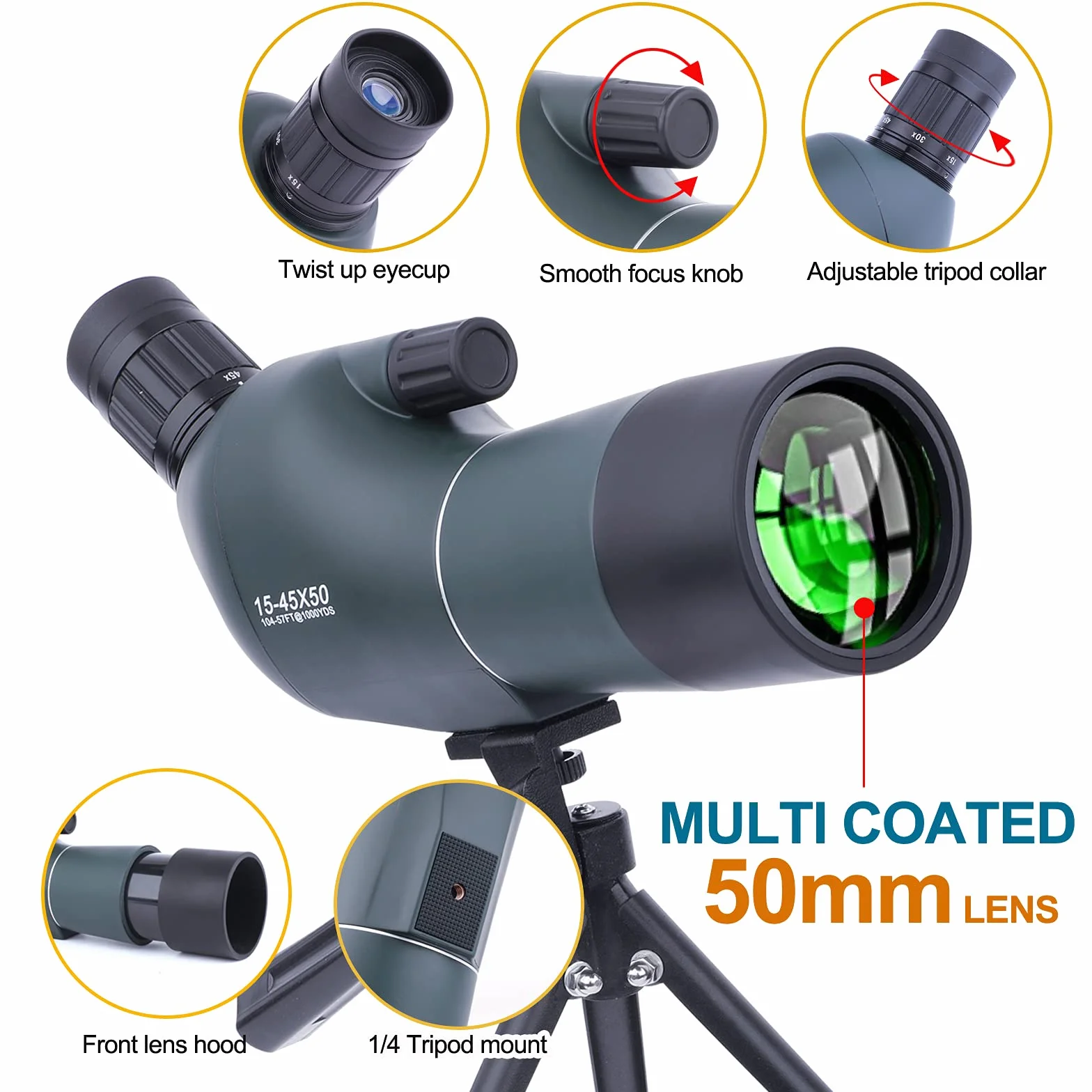 15-45x50 Cannocchiale con Treppiede, Borsa per il Trasporto e Adattatore per Smartphone, FMC Ottica Bak4 Prisma Telescopio Spotting Scope con Smartphone Adapter per Tiro a Segno Birdwatching Caccia