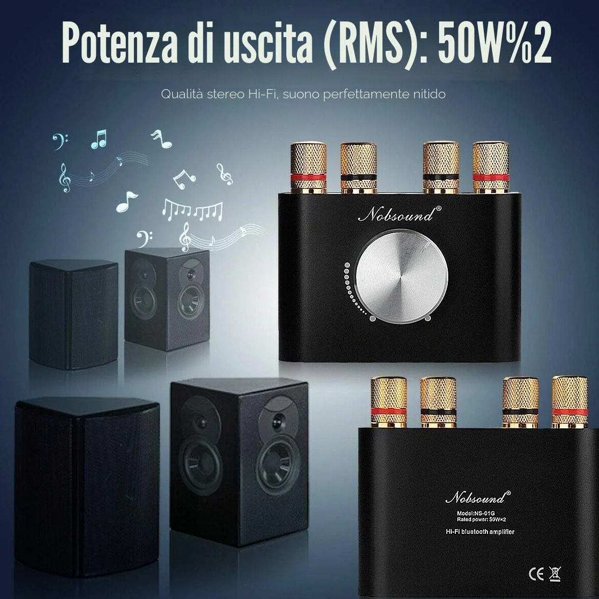 Nobsound Mini Amplificatore di Potenza Bluetooth; Hi-Fi Amplificatore Digitale Stereo 2.0 Canale 50W×2; con AUX/USB/ingresso Bluetooth