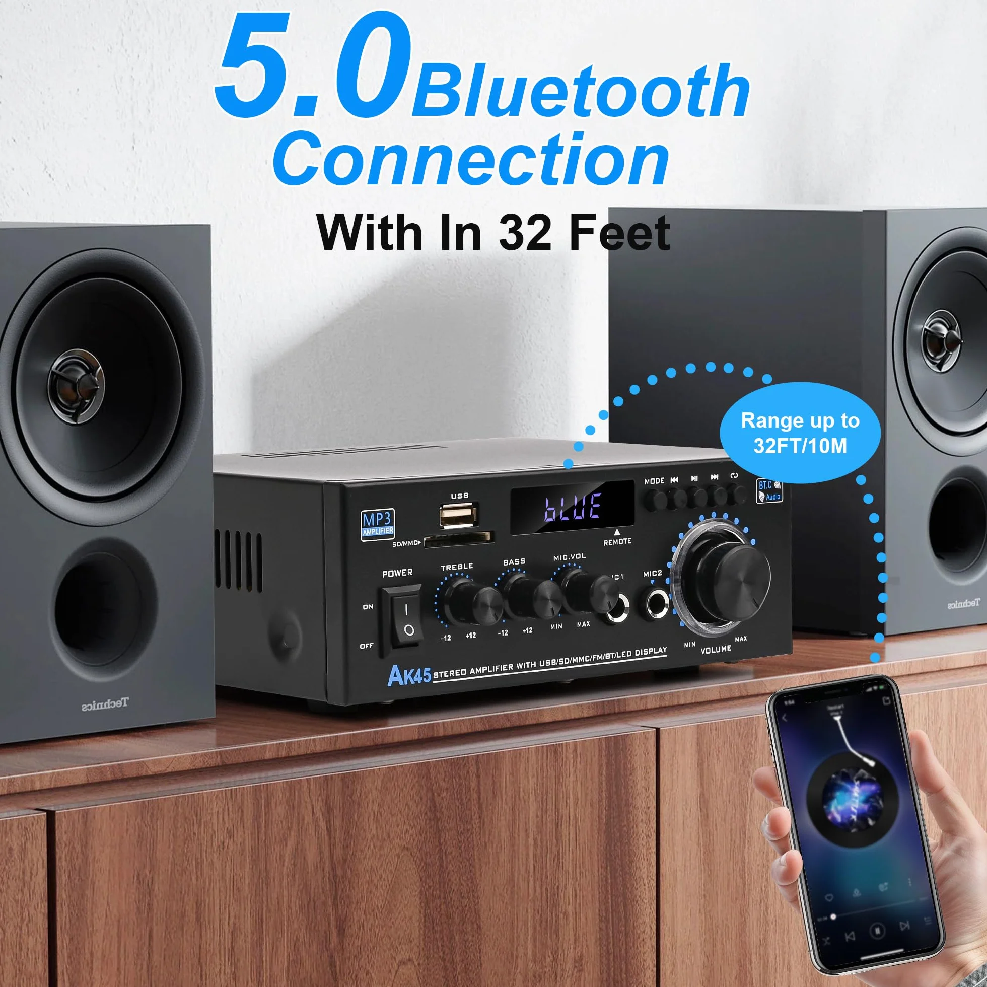 Romicta Amplificatore Audio, Amplificatore HiFi, Amplificatore stereo 600W 2 canali, Bluetooth 5.0, 12V 220V display LCD, Hi-Fi, radio FM portatile, Scheda SD Card/USB, per la casa o per l'auto