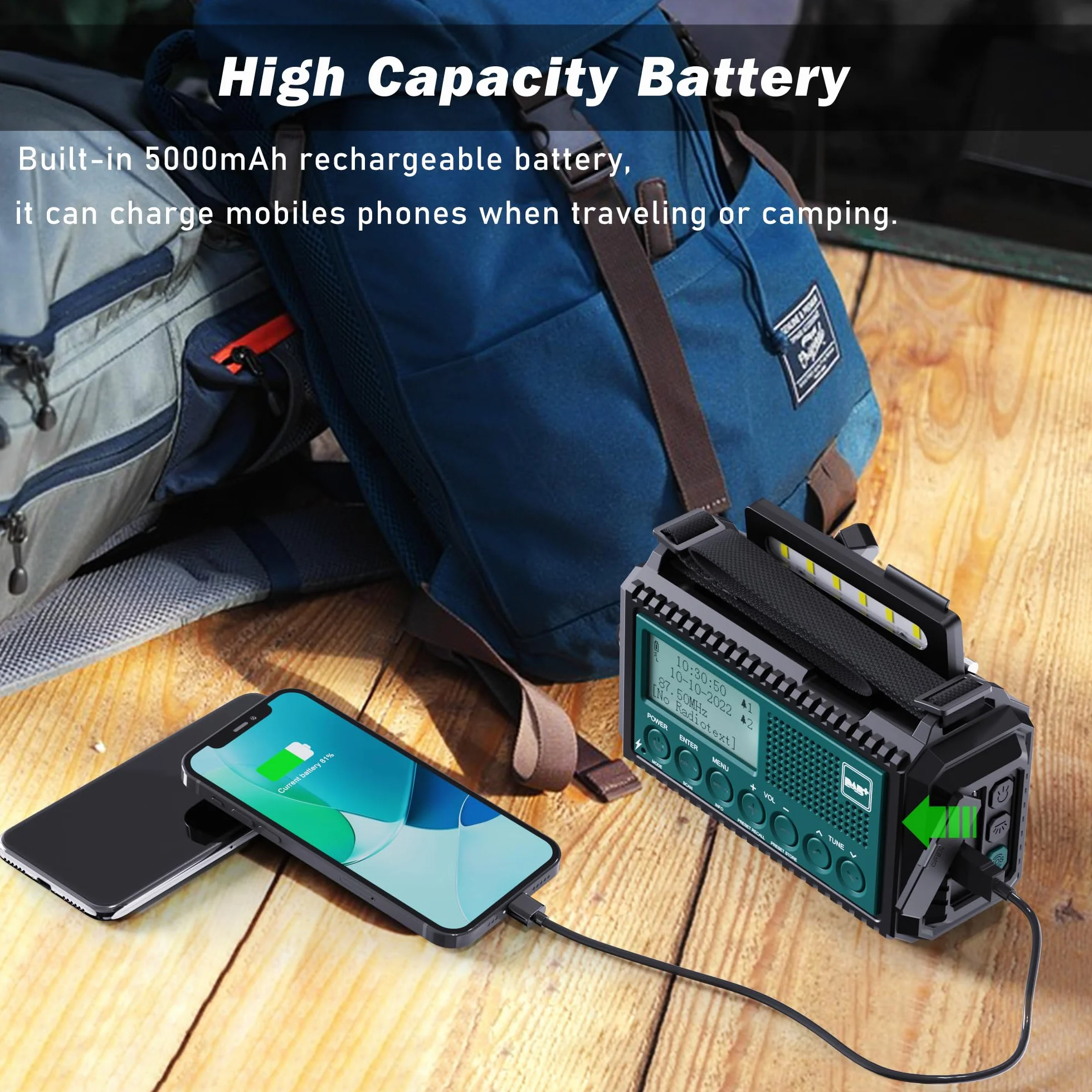 Radio DAB+/DAB/FM Con Batteria Ricaricabile 5000 mAh, Emergenza Con Torcia Elettrica, Campeggio Portatile Con Ricarica USB, Dinamo Allarme SOS, per Escursionismo