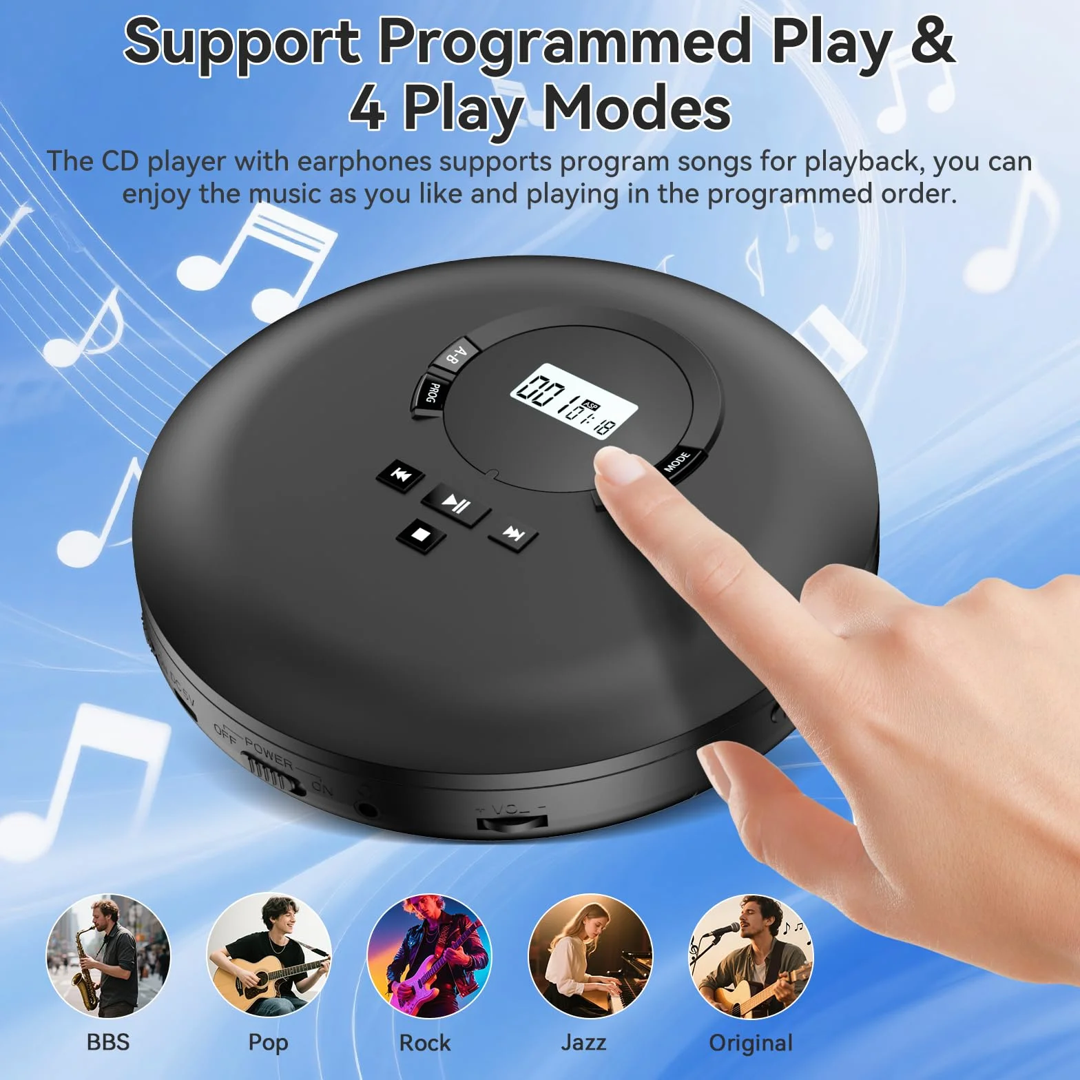 Gueray Lettore CD Portatile Hifi con display stereo cd Lettore CD con cuffie Supporto PROG ASP Funzione di memoria Funzione di ripetizione A-B Effetto BASSO