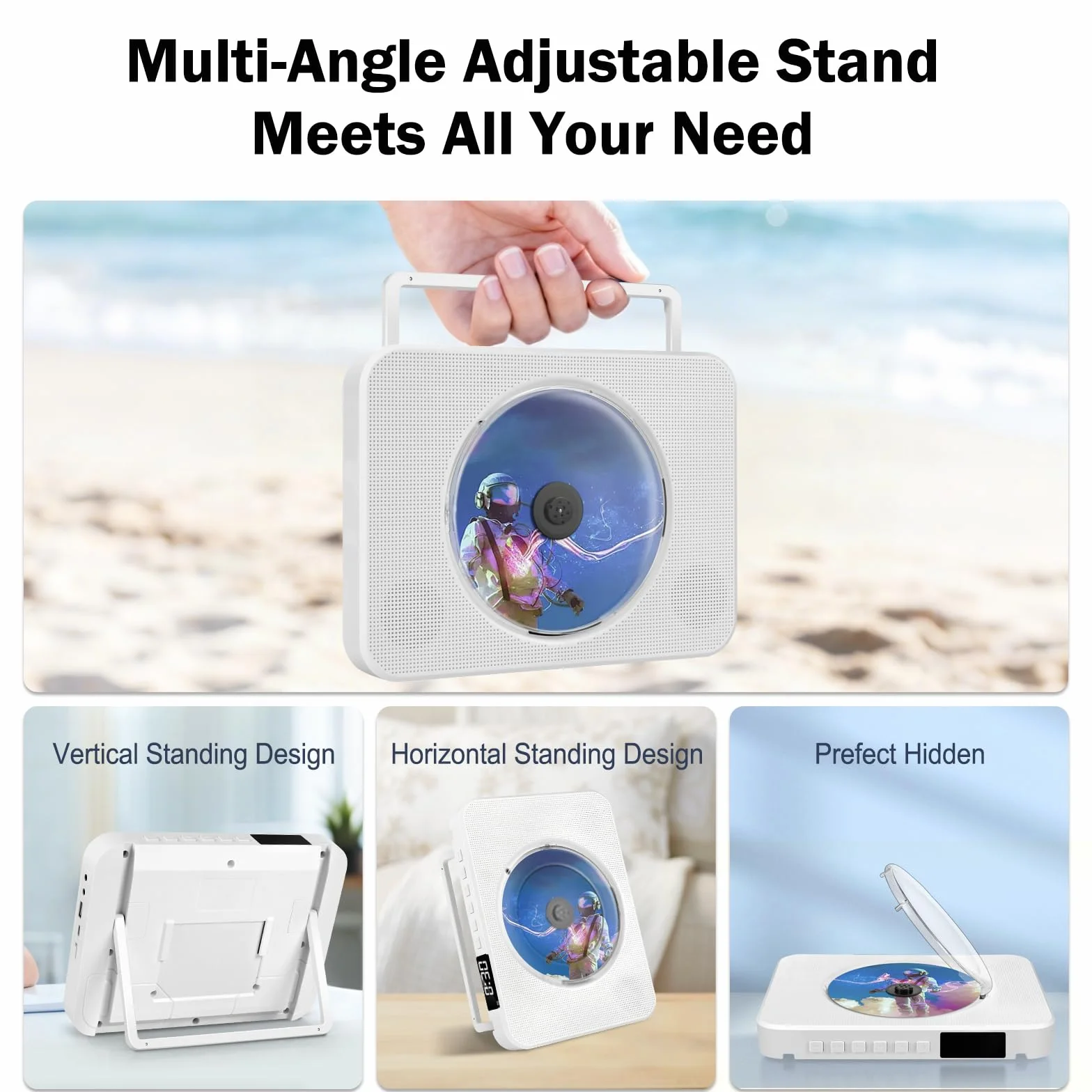 Lettore CD Portatile Bluetooth, lettore CD HIFI Stereo con supporto da tavolo, lettore musicali con telecomando con doppi altoparlanti HIFI integrati, porta USB, presa per cuffie AUX da 3,5 mm