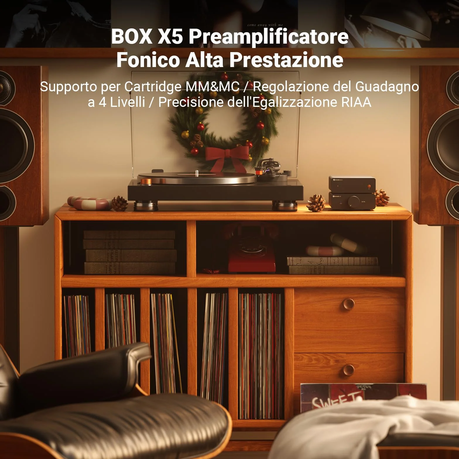 Fosi Audio BOX X5 Preamplificatore Fono, Amplificatore per Giradischi MM e MC, Guadagno Regolabile 38/48/56/66 dB, Uscita RCA