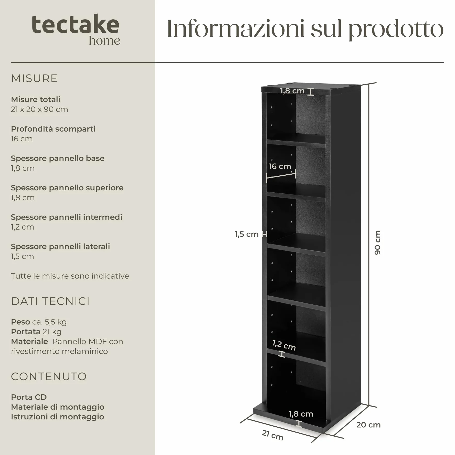 Tectake Scaffale Porta CD DVD 102 CD 6 Piani MDF Rivestimento Plastico 90x21x20 cm Nero