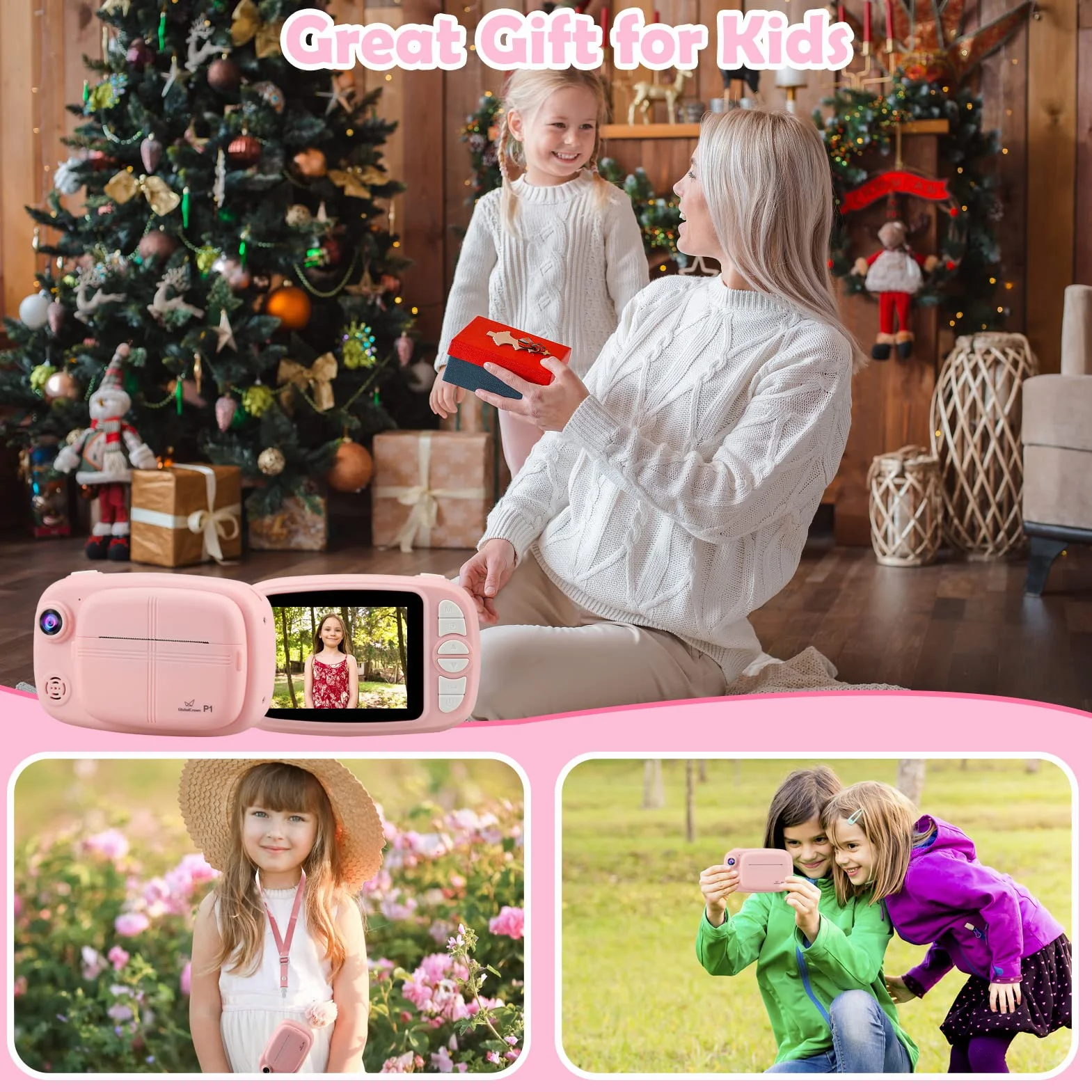 GlobalCrown Macchina Fotografica bambini Istantanea,Fotocamera Istantanea per bambini Video Fotocamera digitale 3,5 Pollici Schermo regali per 3-12 anni (incluso 4 rotoli carta di stampa e 32GB Card)