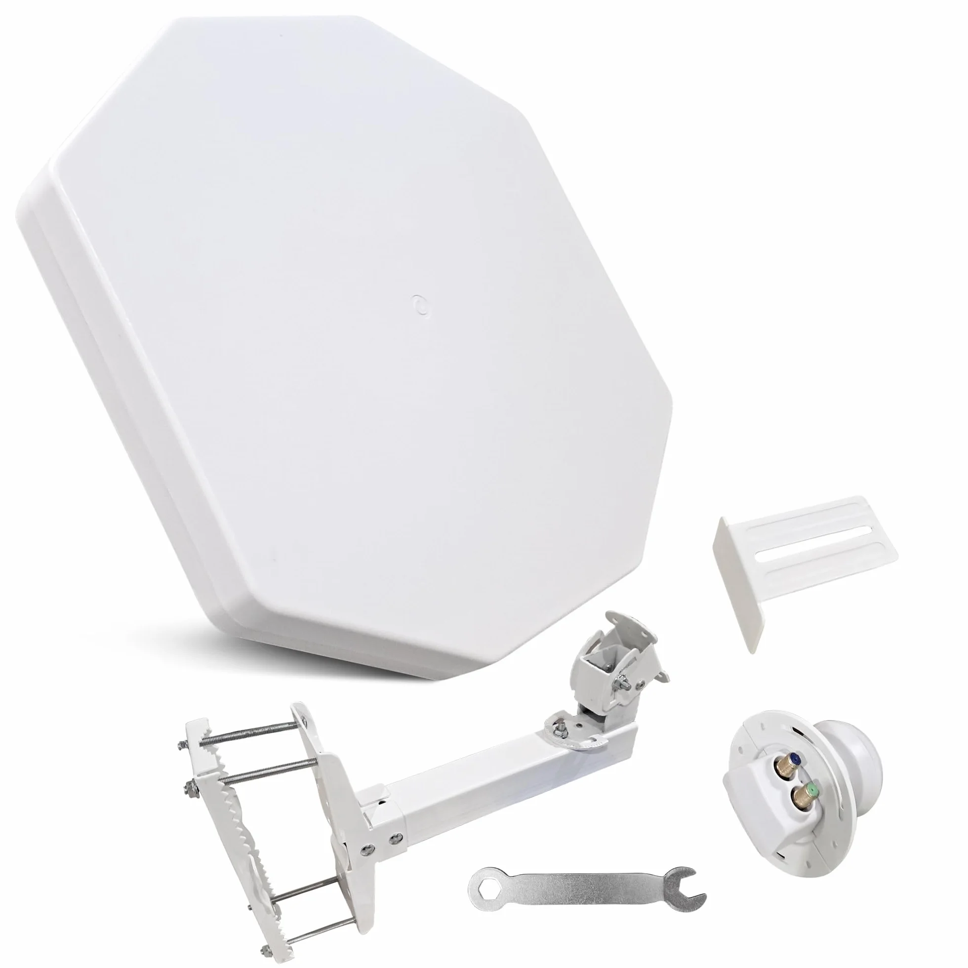 POWERSAT - Antenna parabolica piatta, 2 porte/4 porte, ideale per TV satellitare ASTRA 1 (19,2 E), antenna robusta, resistente alle intemperie, ideale per balcone e campeggio (QUAD LNB)